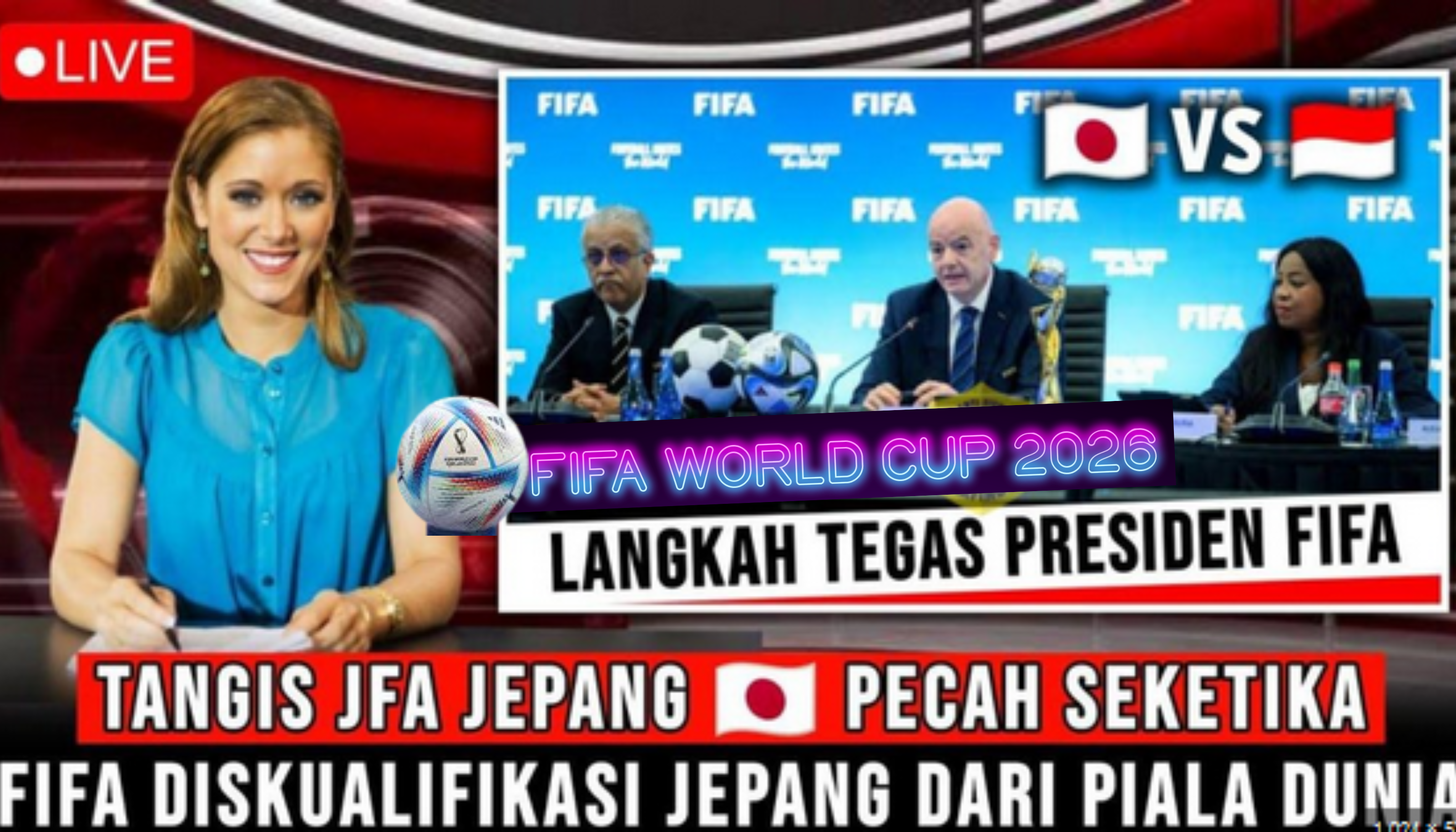Tangkapan layar berita olahraga dengan judul 'FIFA Resmi di Kualifikasi Timnas Jepang'. Terdapat seorang presenter berita dengan latar belakang layar biru menampilkan informasi terkait pertandingan sepak bola Timnas Jepang di kualifikasi FIFA