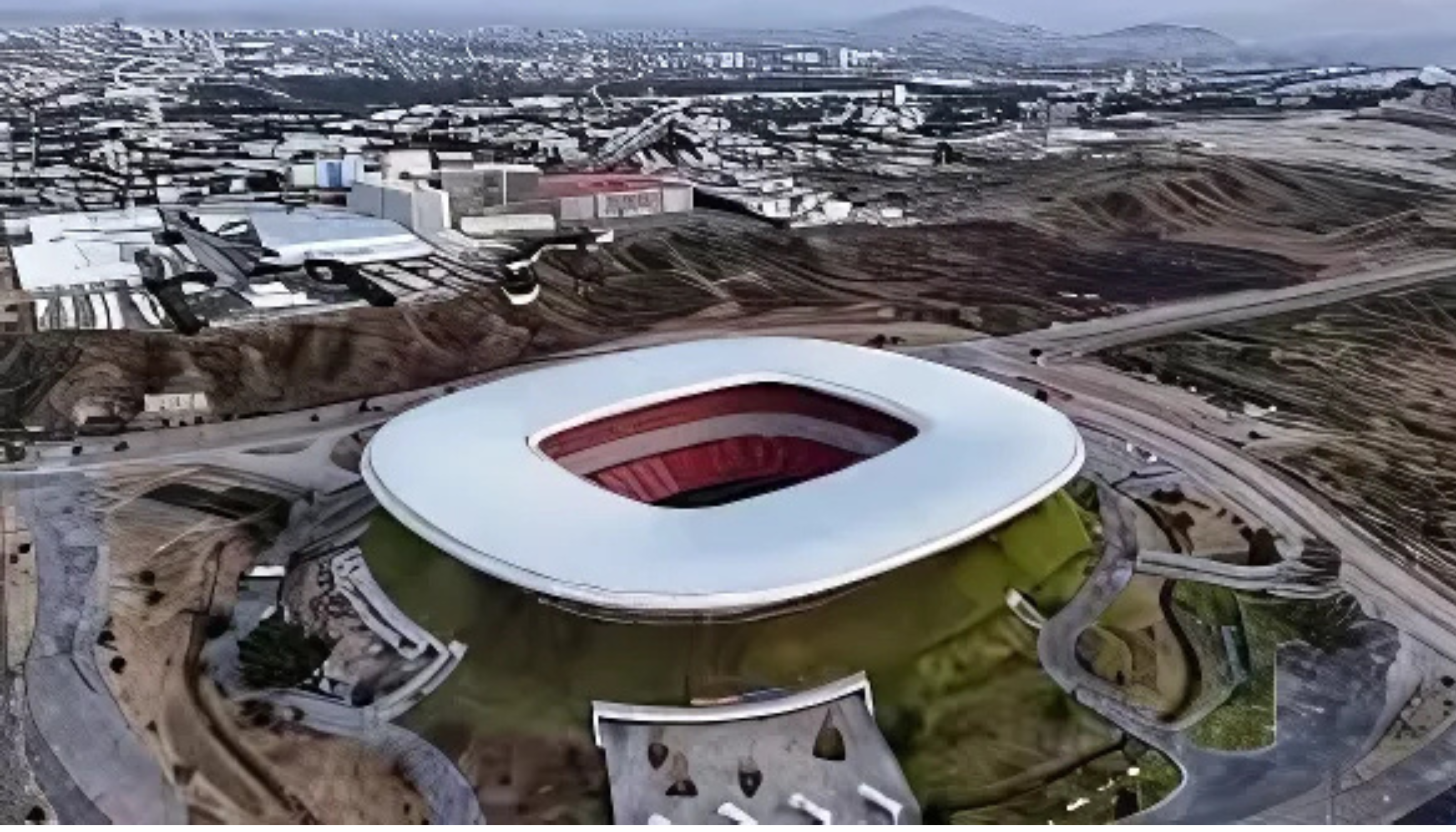 Pemandangan udara stadion sepak bola modern dengan atap melingkar, siap digunakan untuk Piala Dunia 2026