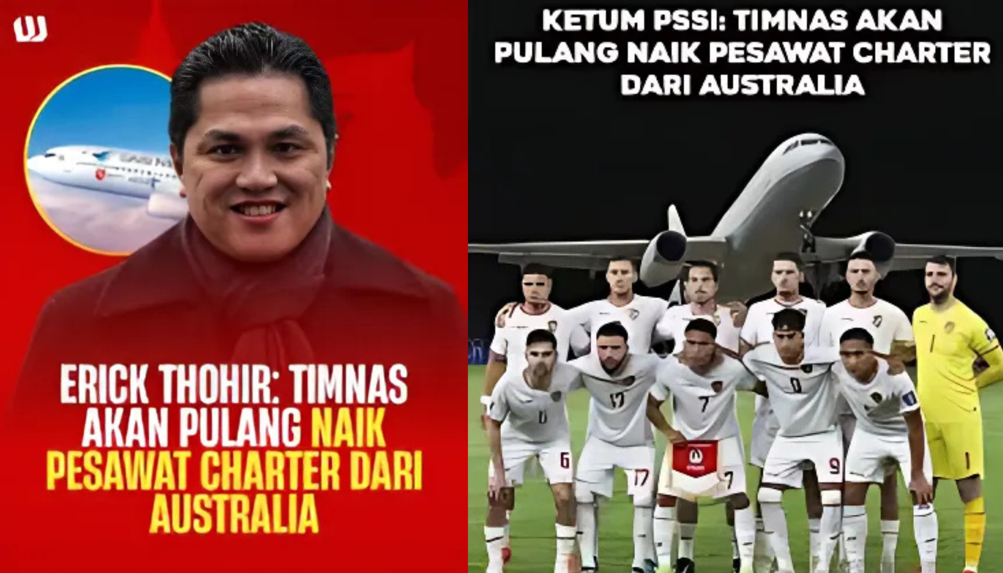 Gambar poster berita sepak bola menampilkan Erick Thohir dan Timnas Indonesia dengan teks tentang kepulangan tim menggunakan pesawat charter dari Australia
