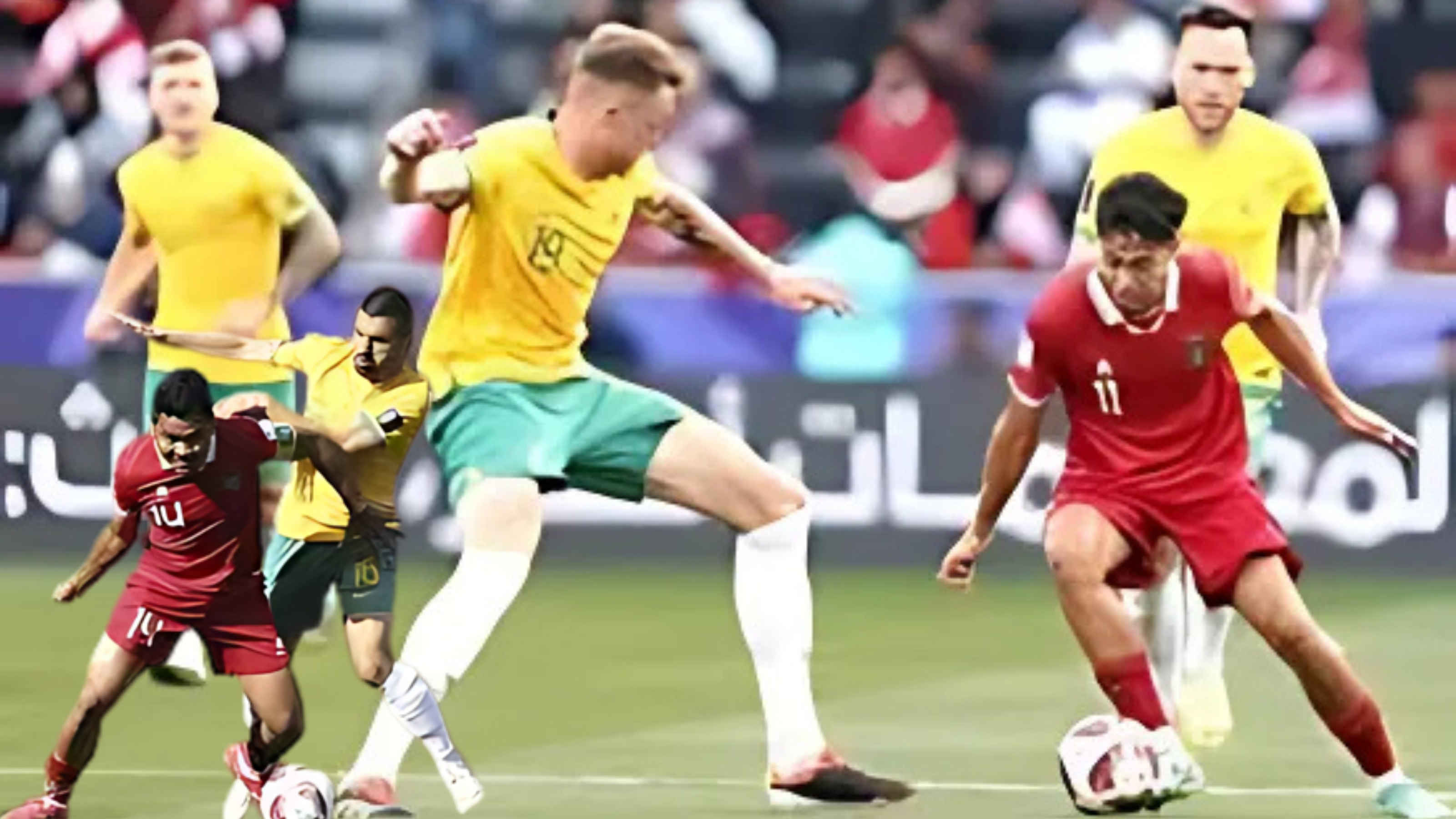 Pemain Timnas Indonesia mengenakan seragam merah sedang berduel memperebutkan bola dengan pemain Australia dalam pertandingan kualifikasi Piala Dunia 2026."