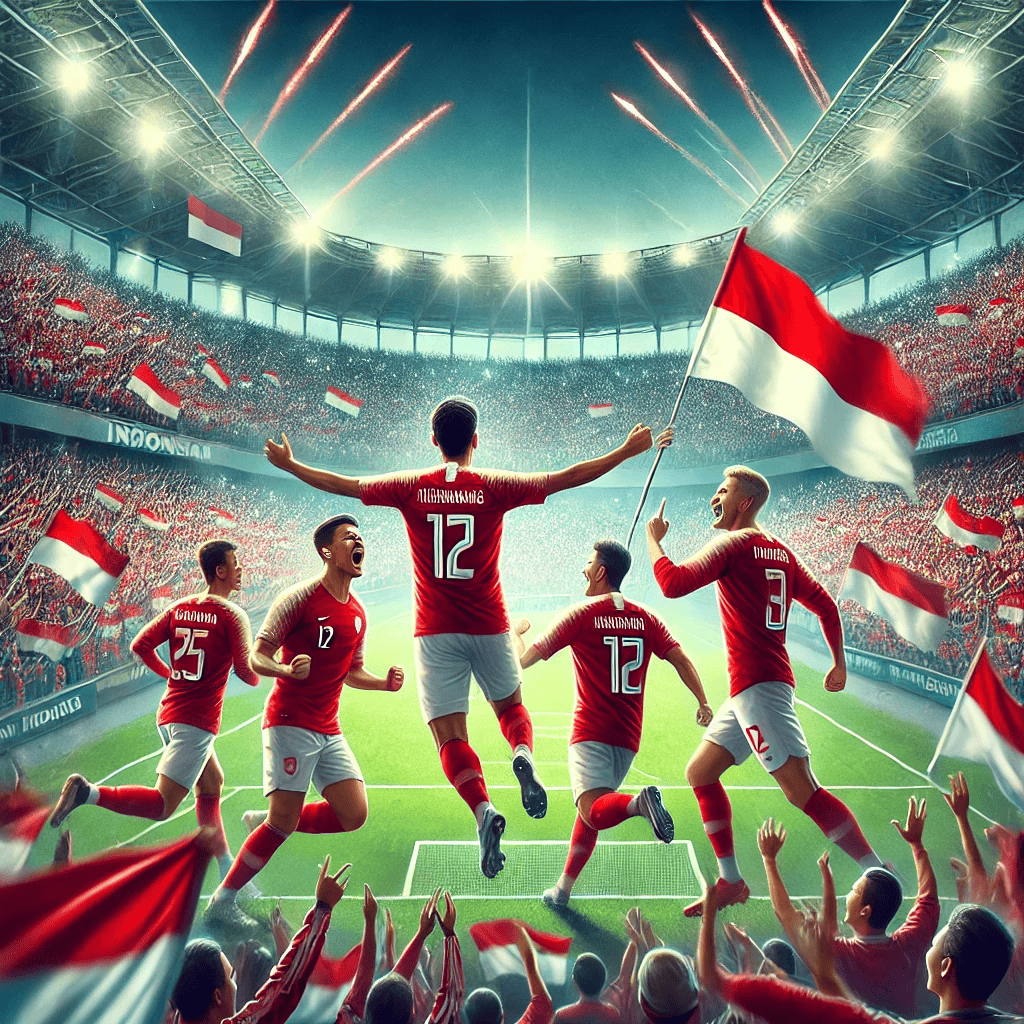 Pemain Timnas Indonesia merayakan gol dengan penuh semangat di tengah lapangan, dengan latar belakang suporter yang bersorak dan kibaran bendera Merah Putih di stadion yang penuh sesak.