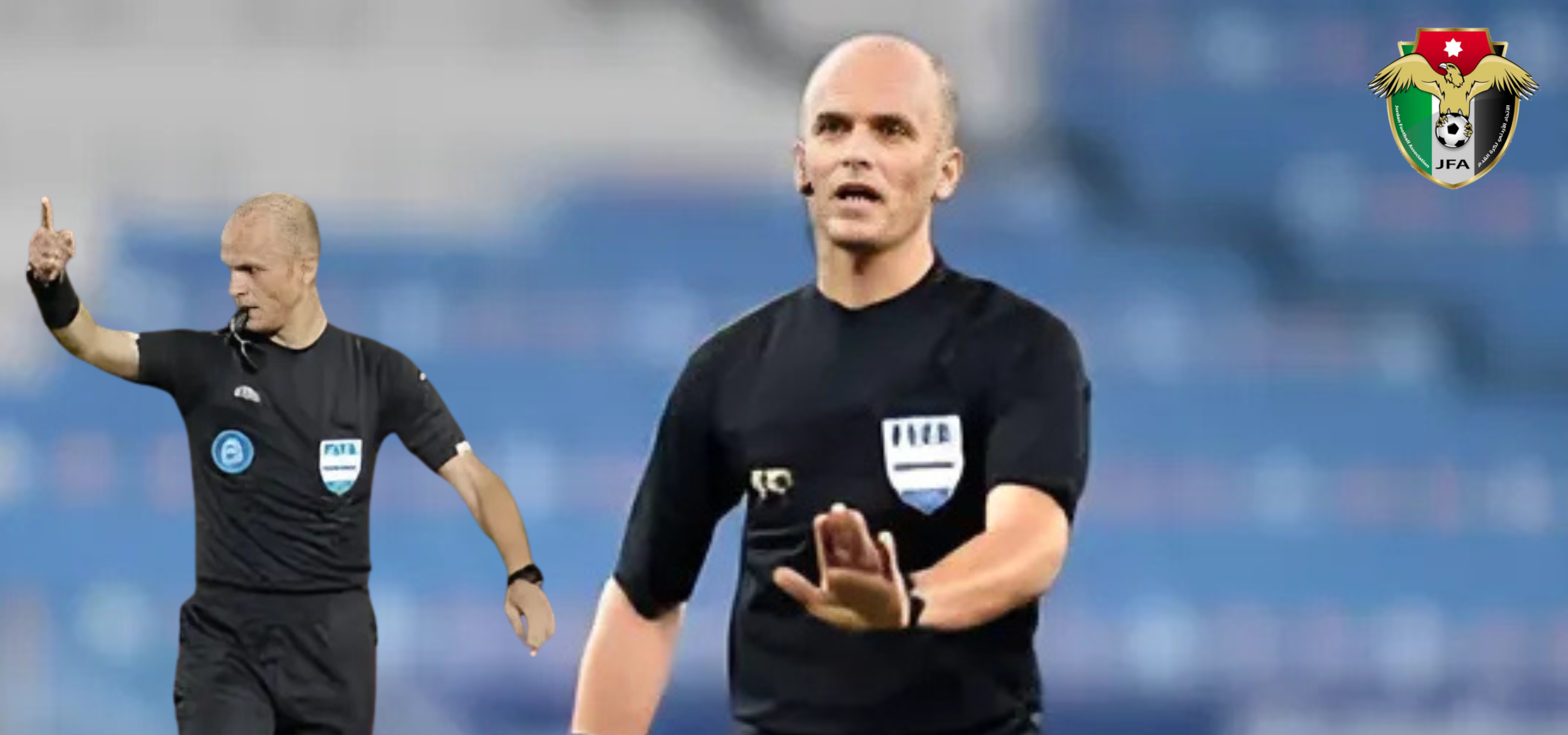 Wasit Adham Makhadmeh memimpin pertandingan sepak bola dengan ekspresi serius di lapangan