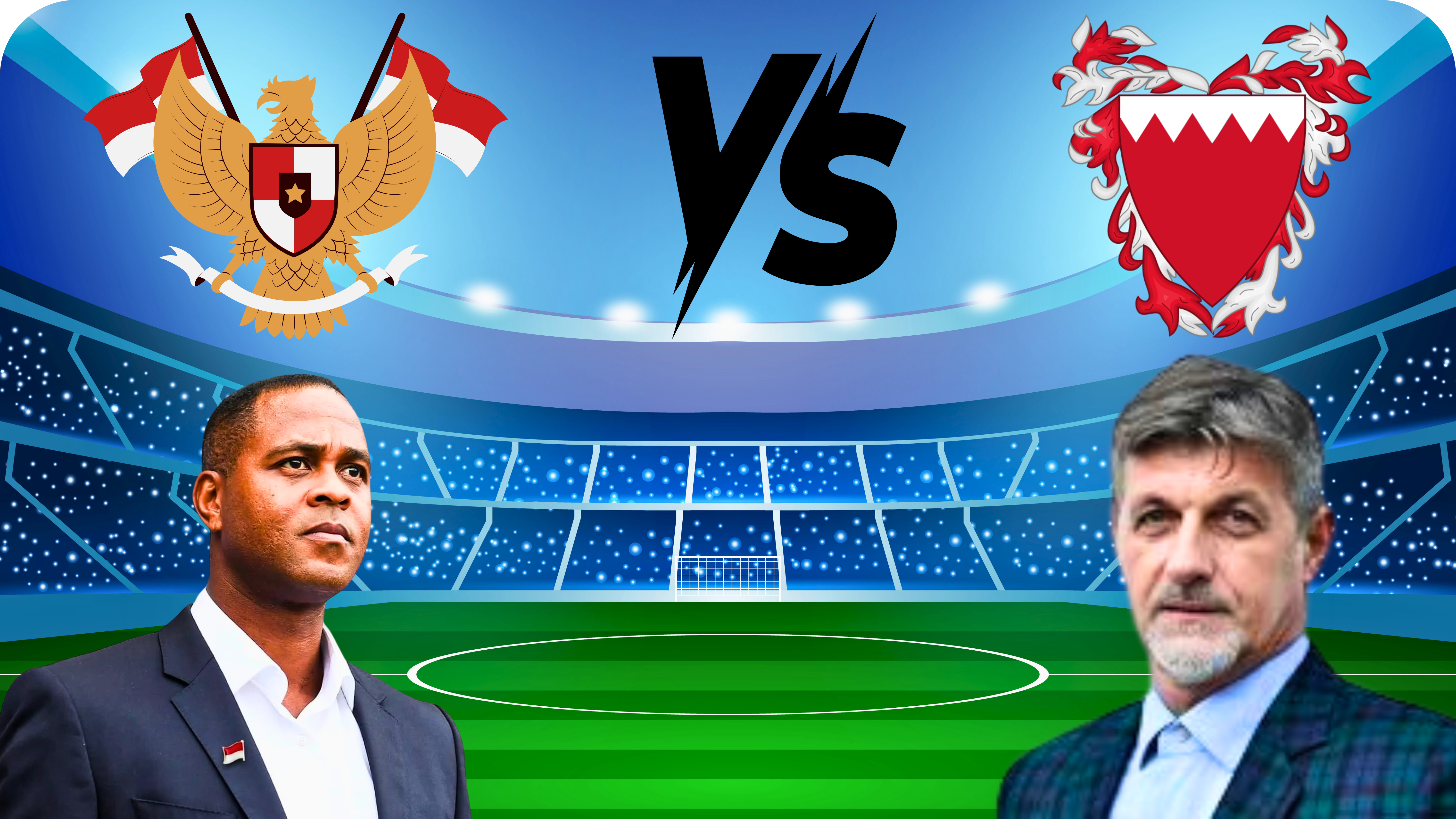 Poster pertandingan Timnas Indonesia vs Bahrain dengan latar belakang biru, menampilkan dua pemain dari masing-masing tim dan logo kedua negara.