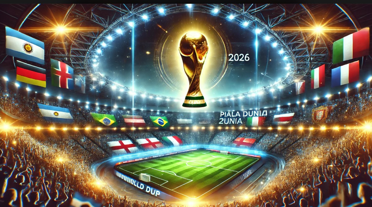 Gambar menunjukkan para pemain sepak bola dari berbagai negara yang sedang beraksi di lapangan, dengan latar belakang stadion besar Piala Dunia 2026."