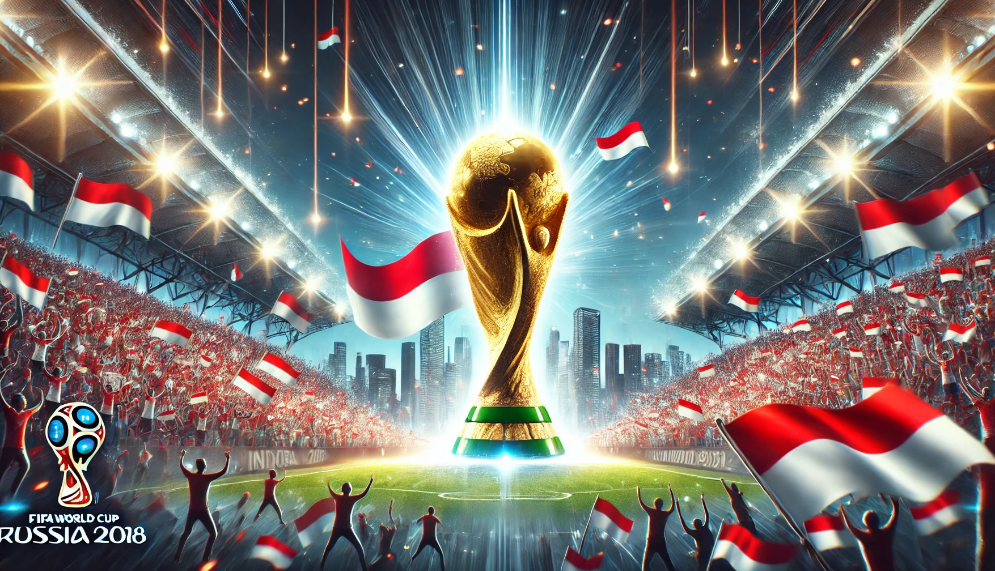 Ilustrasi elegan Piala Dunia 2026 dengan suasana stadion megah, trofi emas bersinar, dan suporter Indonesia mengibarkan bendera merah putih.