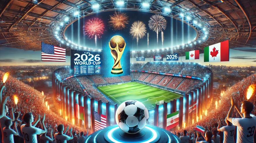 "Ilustrasi stadion modern yang dipenuhi penonton bersorak untuk Piala Dunia 2026. Tampak layar digital besar menampilkan statistik pertandingan, kembang api menyala di langit, serta bendera Amerika Serikat, Kanada, dan Meksiko berkibar di latar belakang."