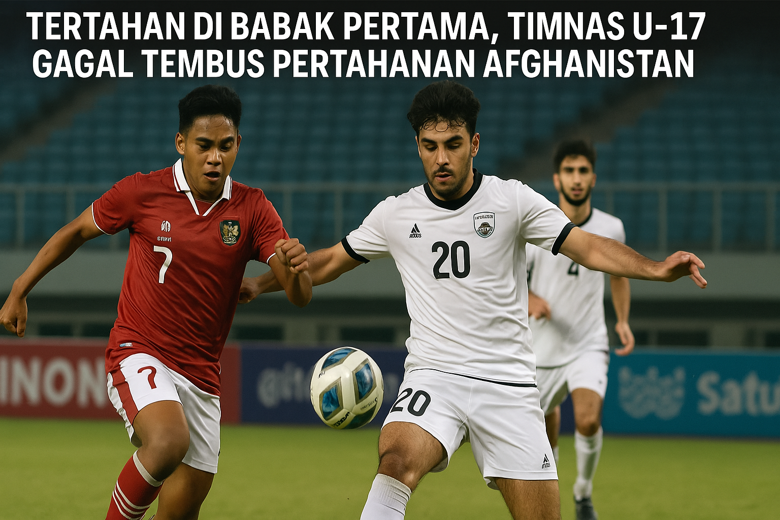 Pemain Timnas U-17 Indonesia berusaha melewati pemain Afghanistan dalam pertandingan internasional U-17, dengan latar belakang stadion yang hampir kosong.