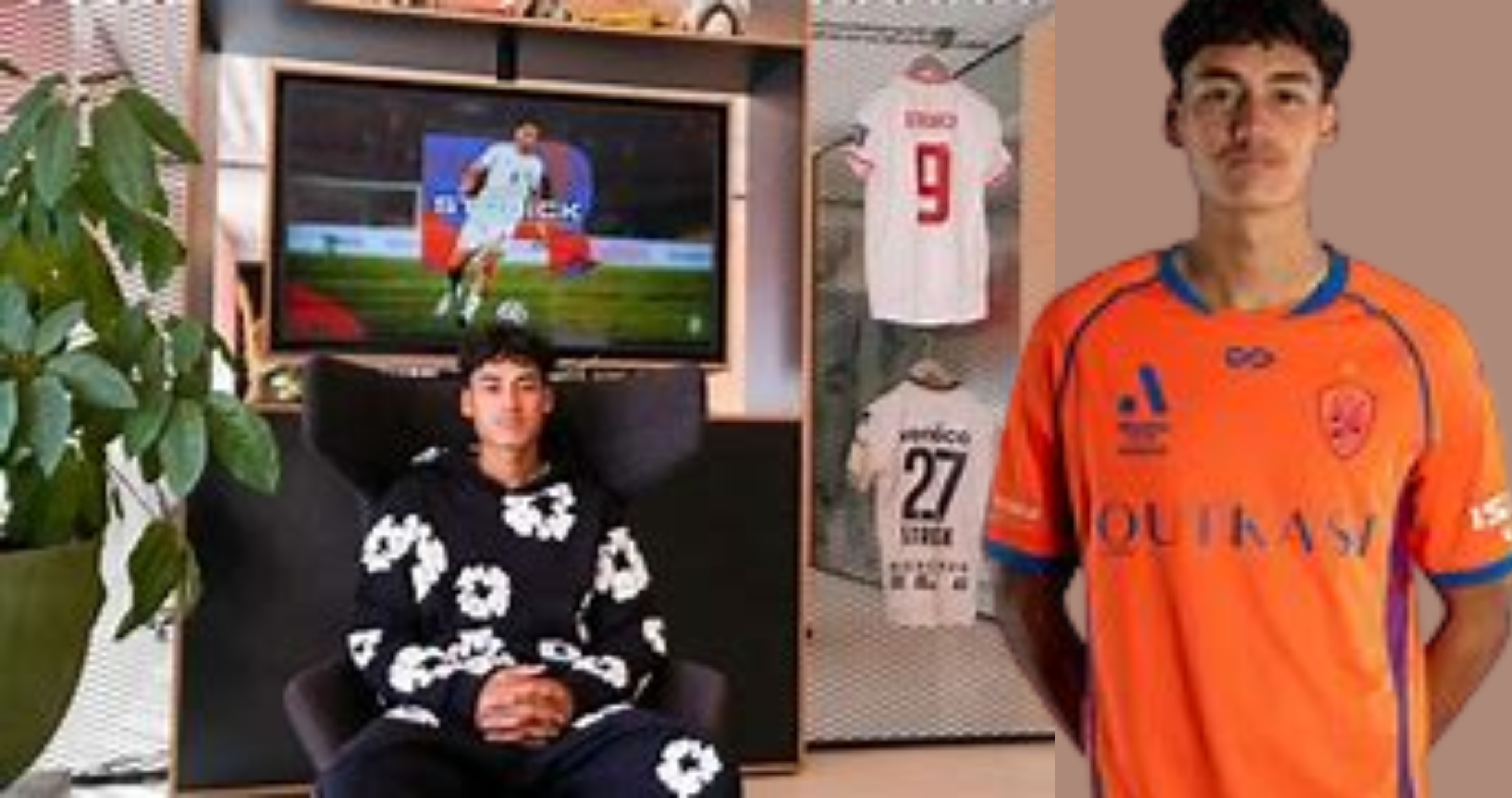 Rafael Struick mengenakan jersey oranye Brisbane Roar saat sesi latihan, berdiri di depan poster klub