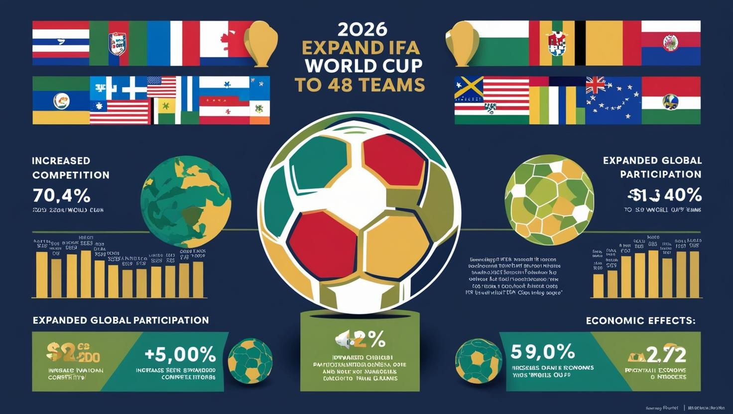 Gambar menunjukkan logo Piala Dunia 2026 dengan format 48 tim yang lebih besar, memperlihatkan berbagai negara peserta dengan latar belakang stadion modern.