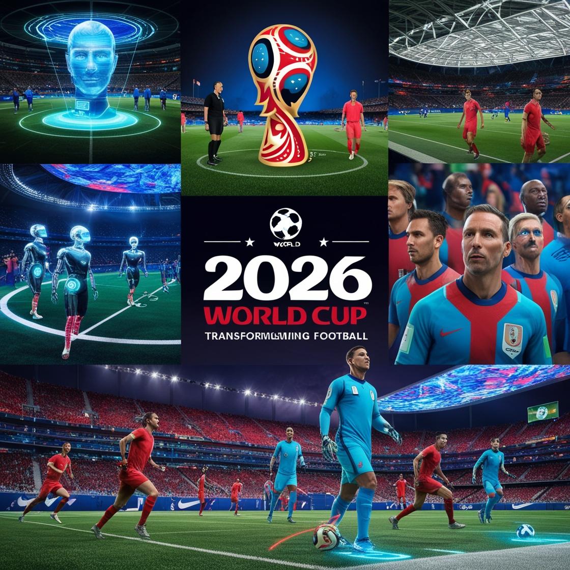Gambar menunjukkan penggunaan teknologi VAR (Video Assistant Referee) dalam pertandingan sepak bola, yang memastikan keputusan wasit lebih akurat dan adil di Piala Dunia 2026.