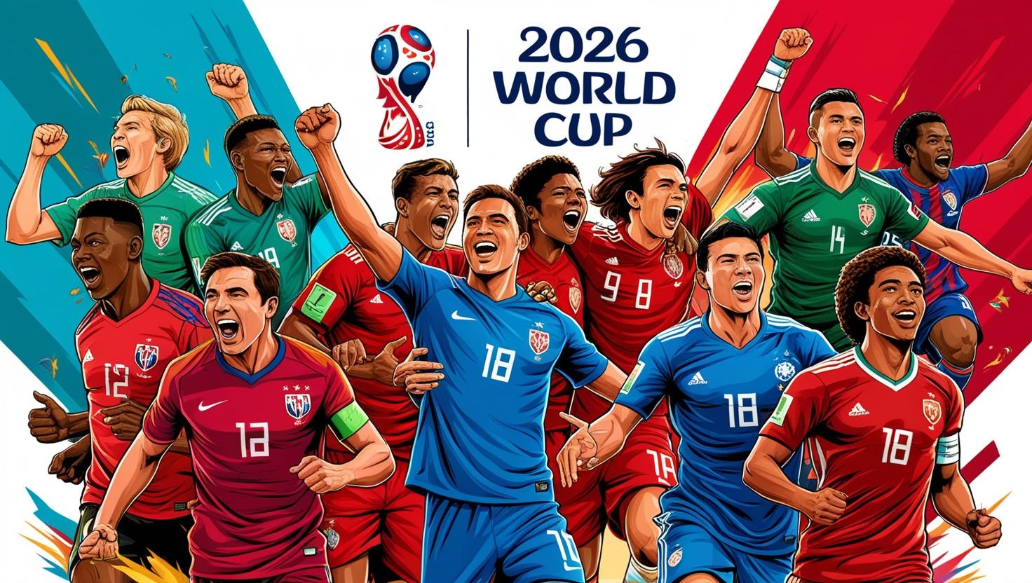 "Ilustrasi tim-tim yang berpartisipasi di Piala Dunia 2026 dan negara tuan rumah bersama (Kanada, Amerika Serikat, dan Meksiko)."