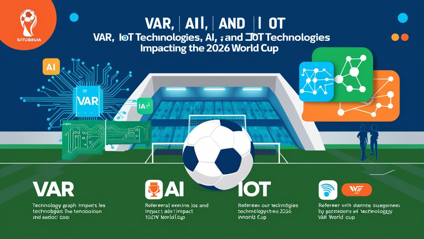Ilustrasi penggunaan teknologi VAR, AI, dan IoT dalam pertandingan Piala Dunia 2026 untuk meningkatkan pengalaman dan akurasi permainan.