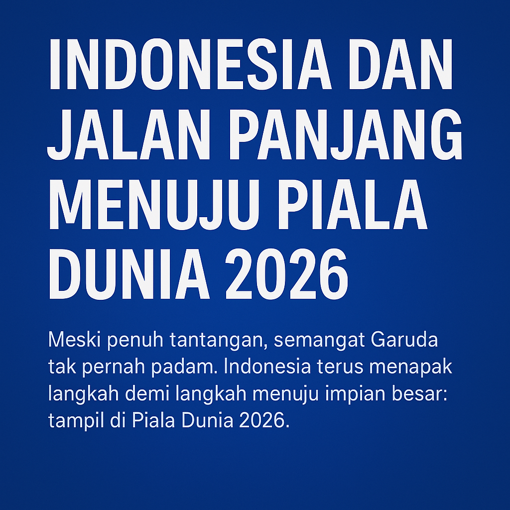 Ilustrasi elegan Timnas Indonesia dengan latar stadion dan bendera Merah Putih, melambangkan semangat menuju Piala Dunia 2026.