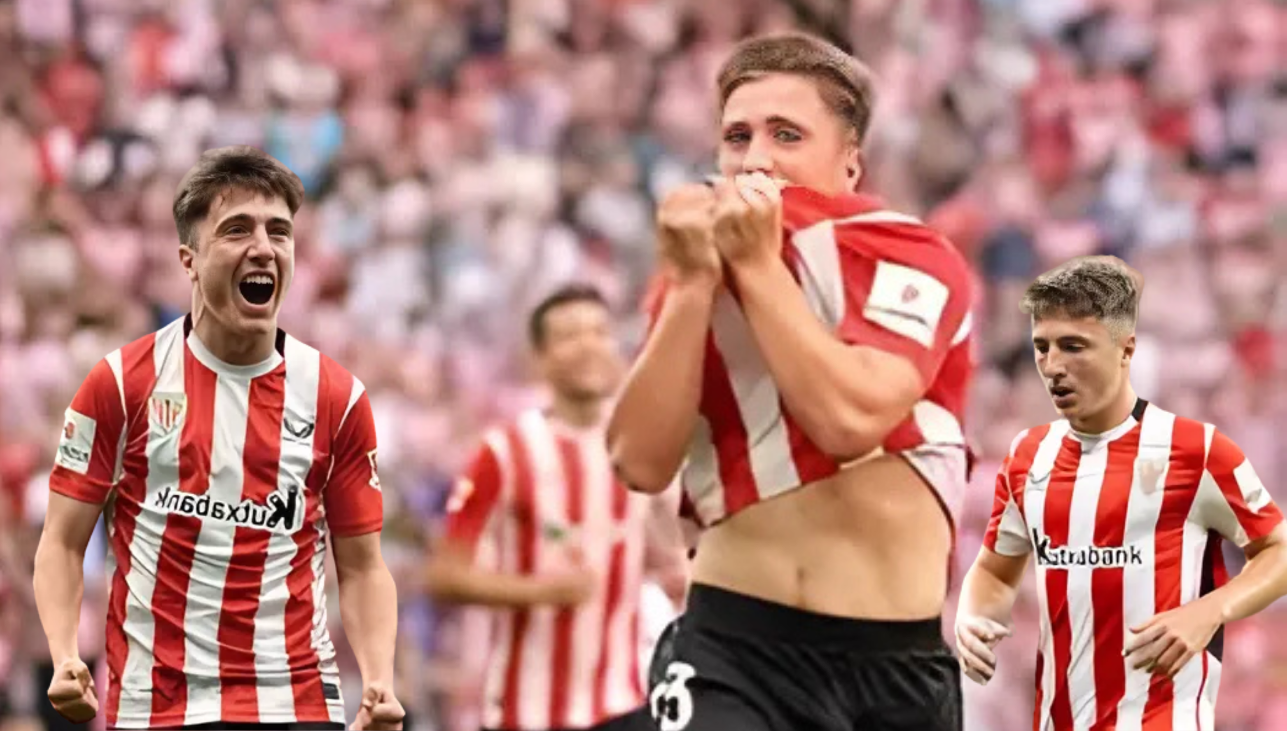 Pemain Athletic Bilbao merayakan kemenangan bersama di lapangan dengan mengenakan jersey merah-putih