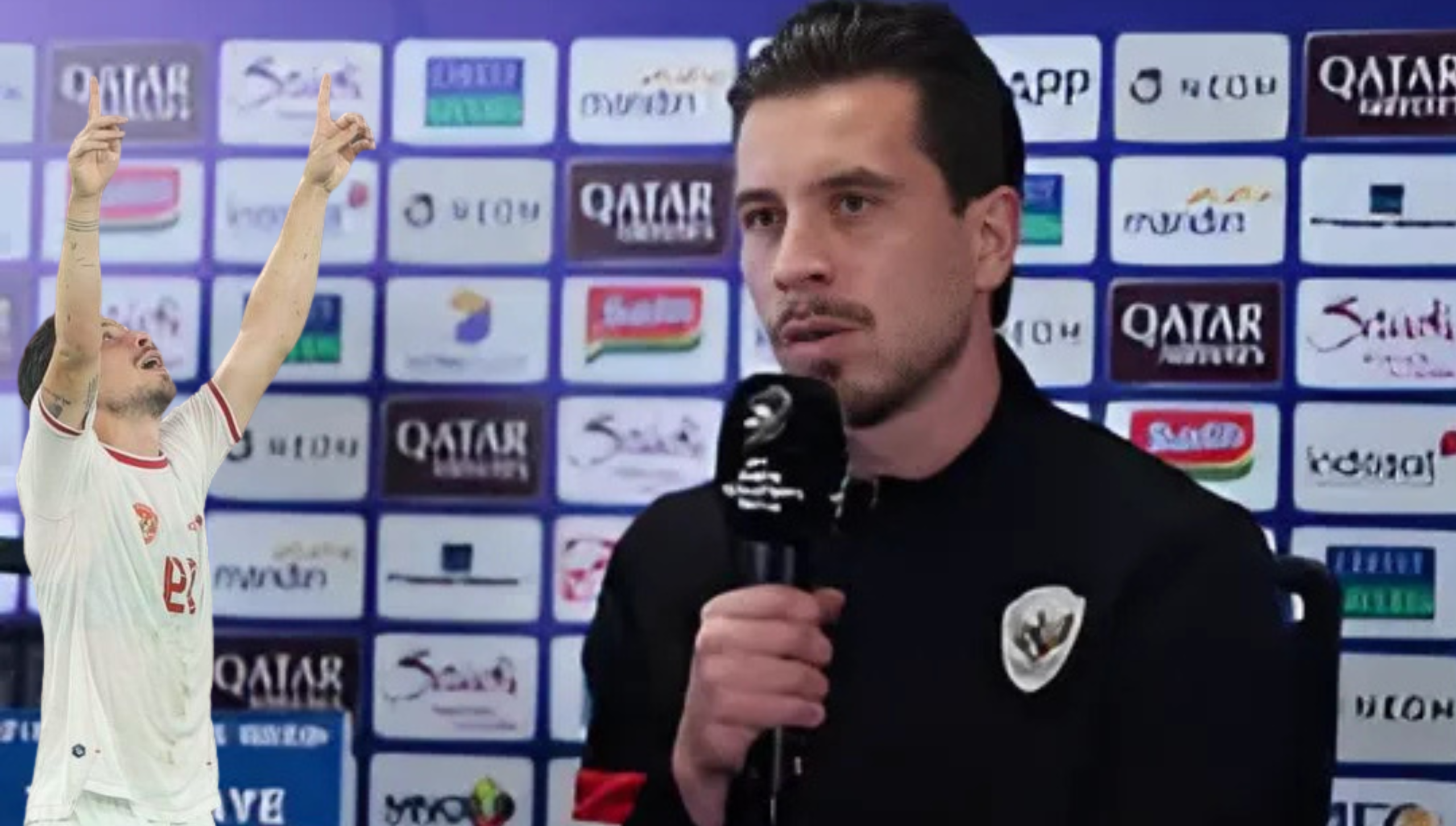 Thom Haye memberikan pernyataan kepada media di hadapan backdrop sponsor Timnas Indonesia