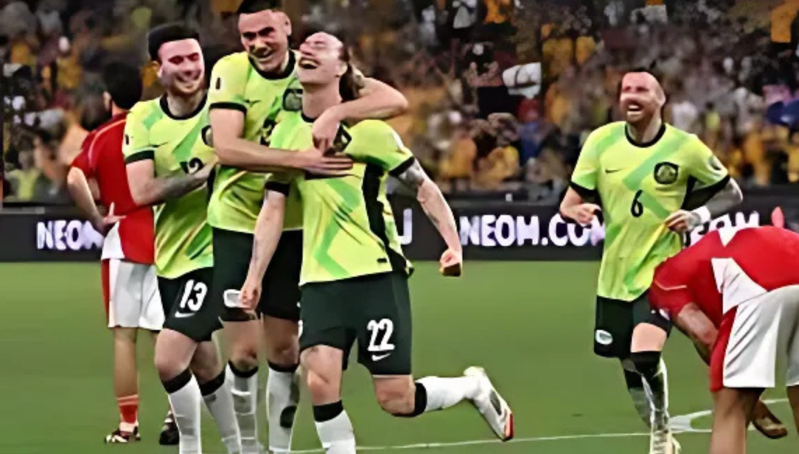 Pemain tim nasional Australia merayakan kemenangan usai memastikan tiket ke Piala Dunia 2026