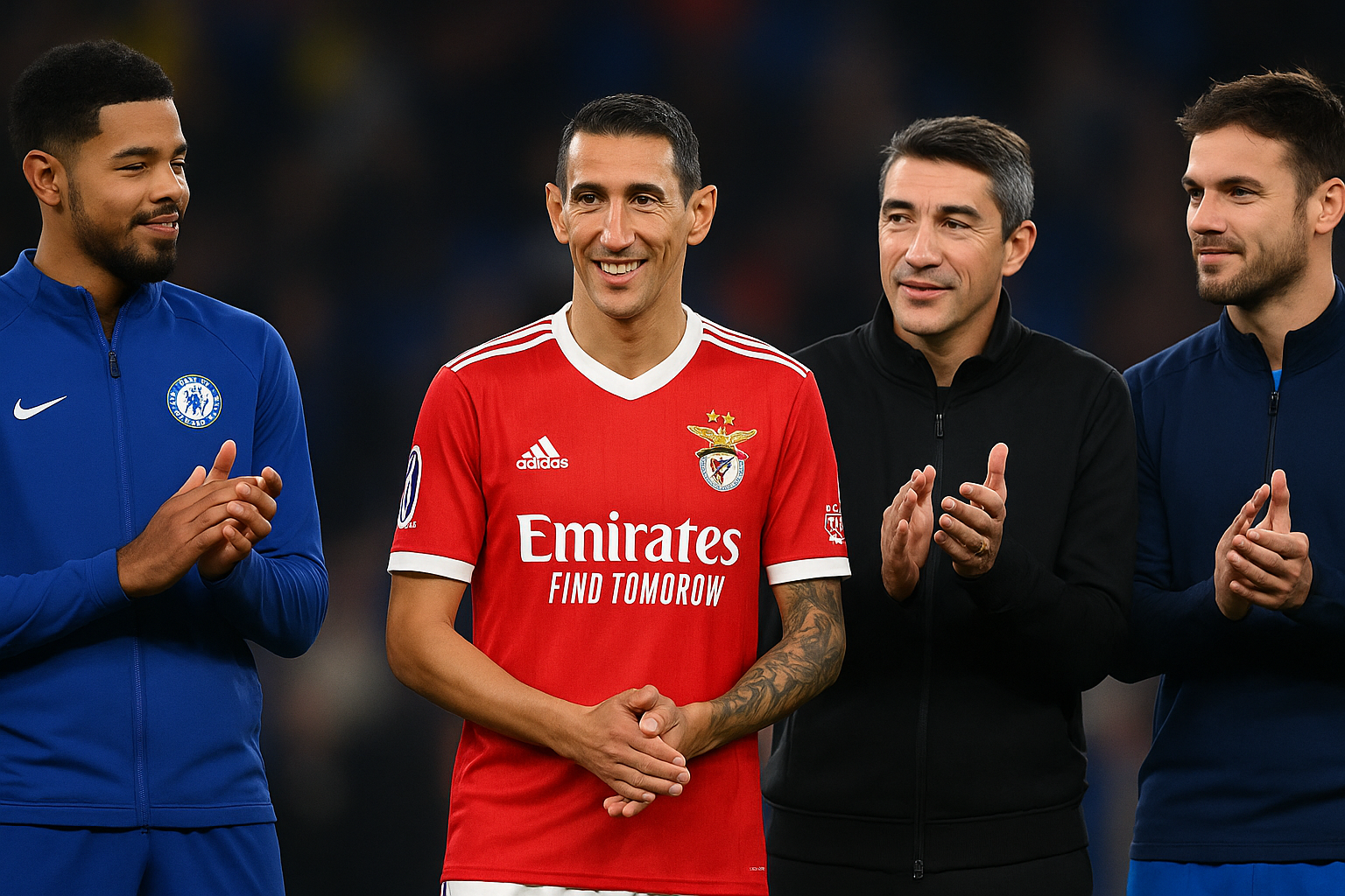 Angel Di Maria mengenakan jersey Benfica berwarna merah, berdiri tersenyum di tengah Levi Colwill, Bruno Lage, dan Vangelis Pavlidis yang sedang memberikan tepuk tangan penghormatan, dengan latar belakang stadion yang samar.