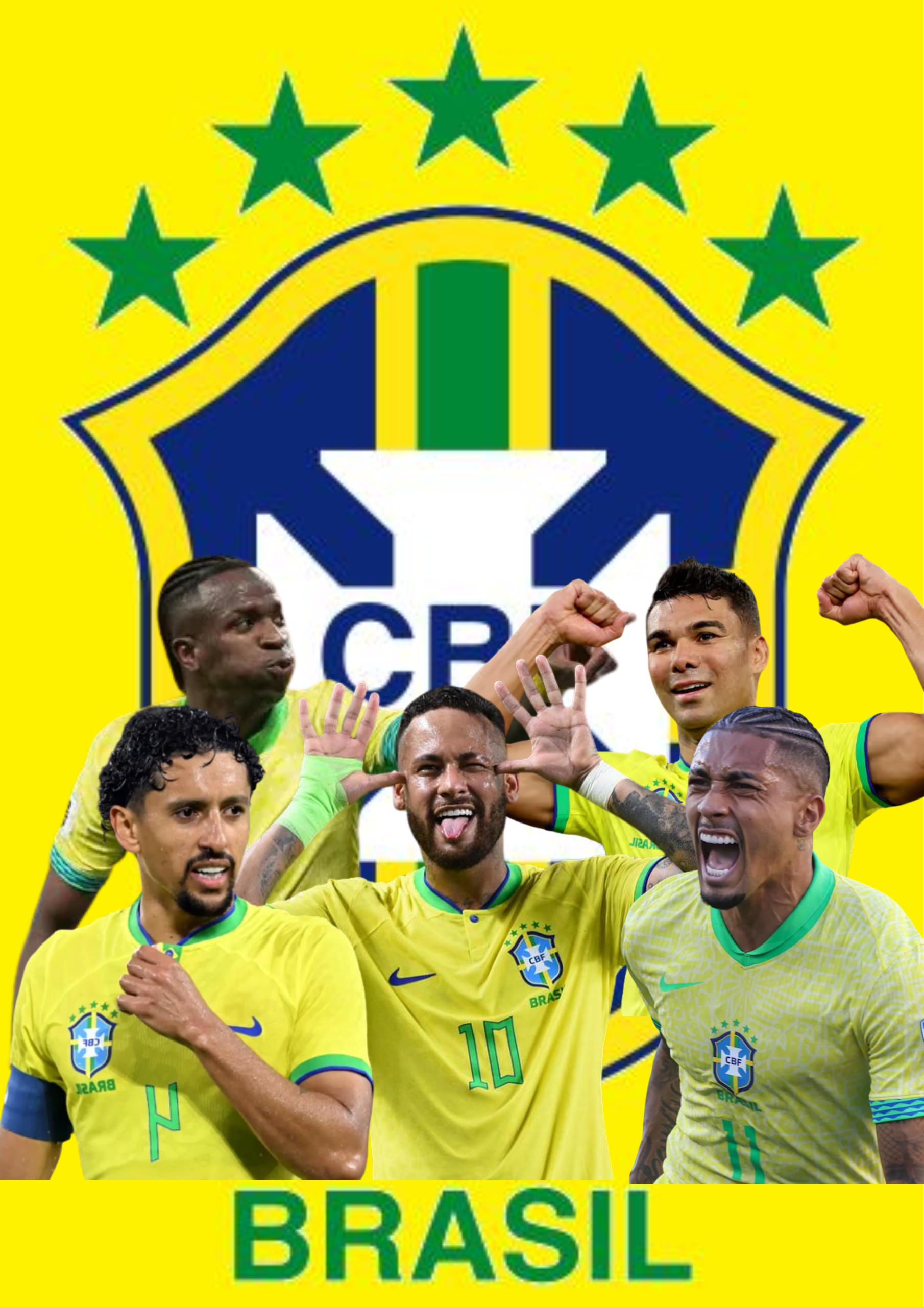 Logo tim nasional Brasil dengan lima bintang di atas lambang CBF, dikelilingi oleh para pemain muda Brasil yang sedang merayakan.