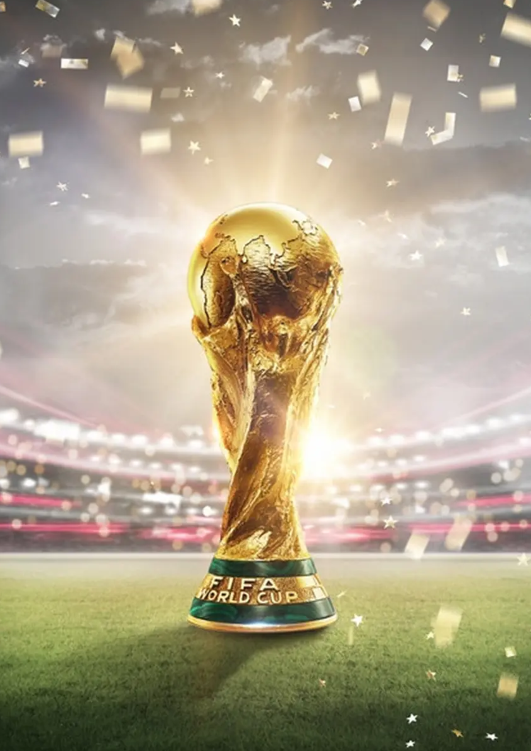 Trofi Piala Dunia emas berdiri di tengah lapangan dengan cahaya sorotan dan konfeti perayaan di latar belakang.