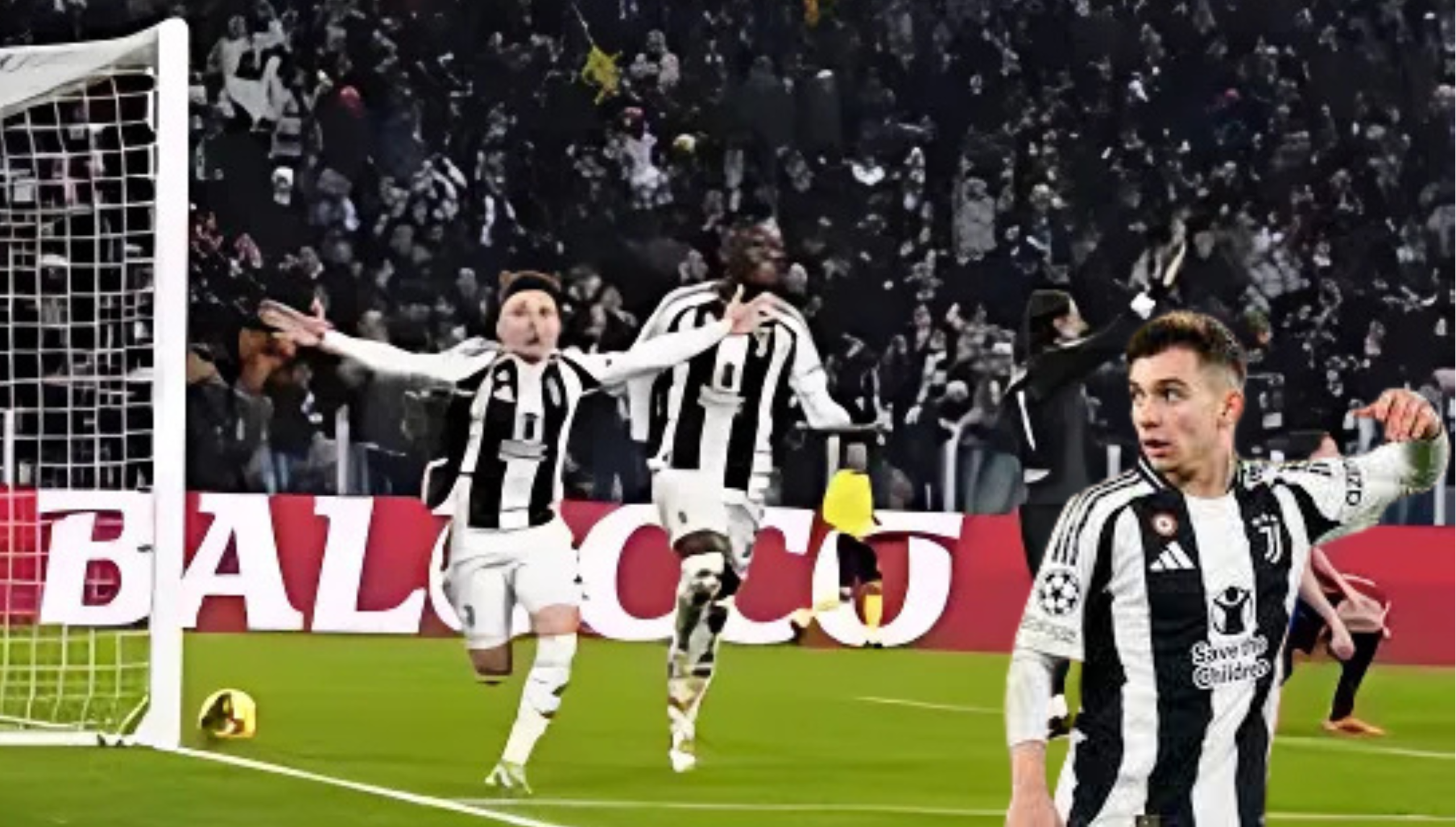 "Francisco Conceicao merayakan gol bersama rekan setim Juventus di lapangan dengan latar belakang spanduk bertuliskan 'BALUNGI'."