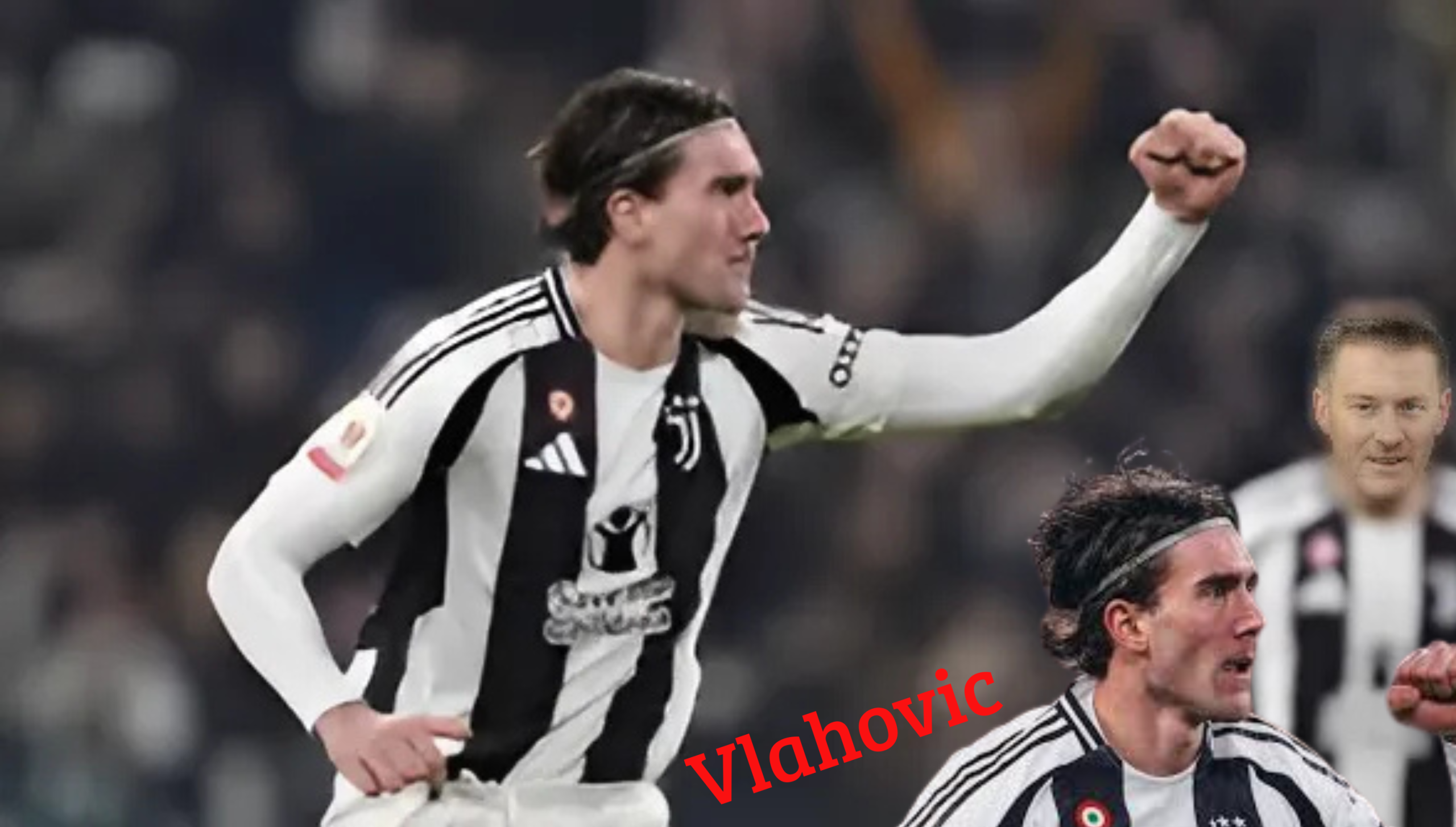 Pemain sepak bola Filippo Terracciano mengenakan jersey Juventus sedang merayakan gol dengan mengangkat tangan.