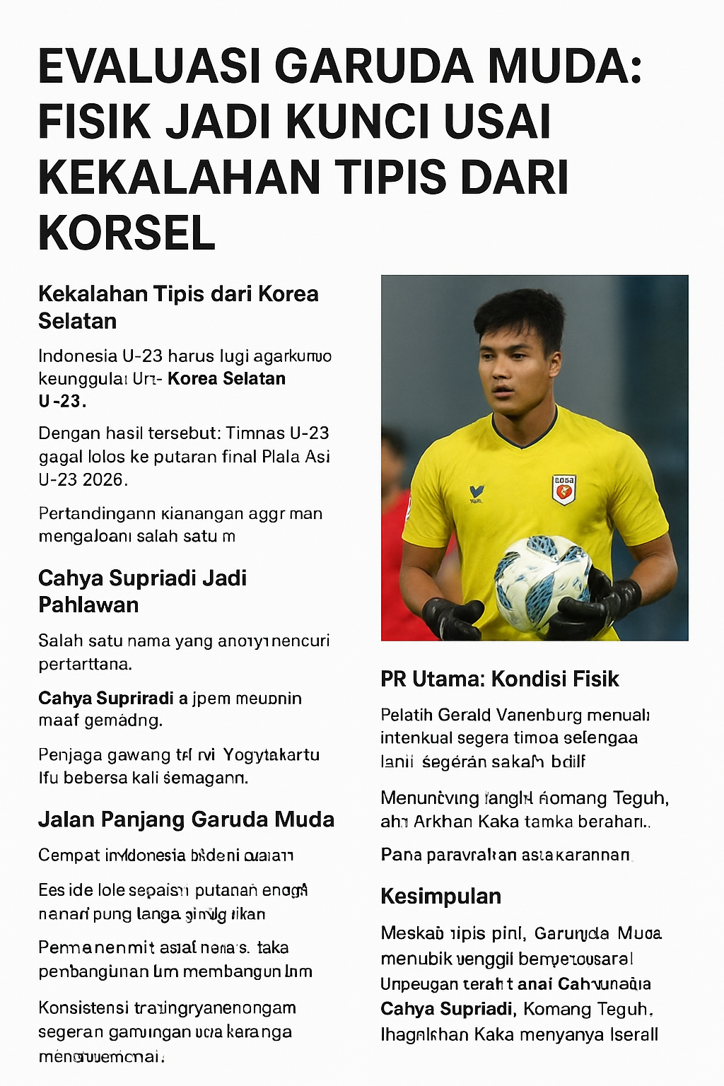 Poster artikel berita sepak bola Indonesia U-23 melawan Korea Selatan dengan foto kiper Cahya Supriadi mengenakan jersey kuning memegang bola.