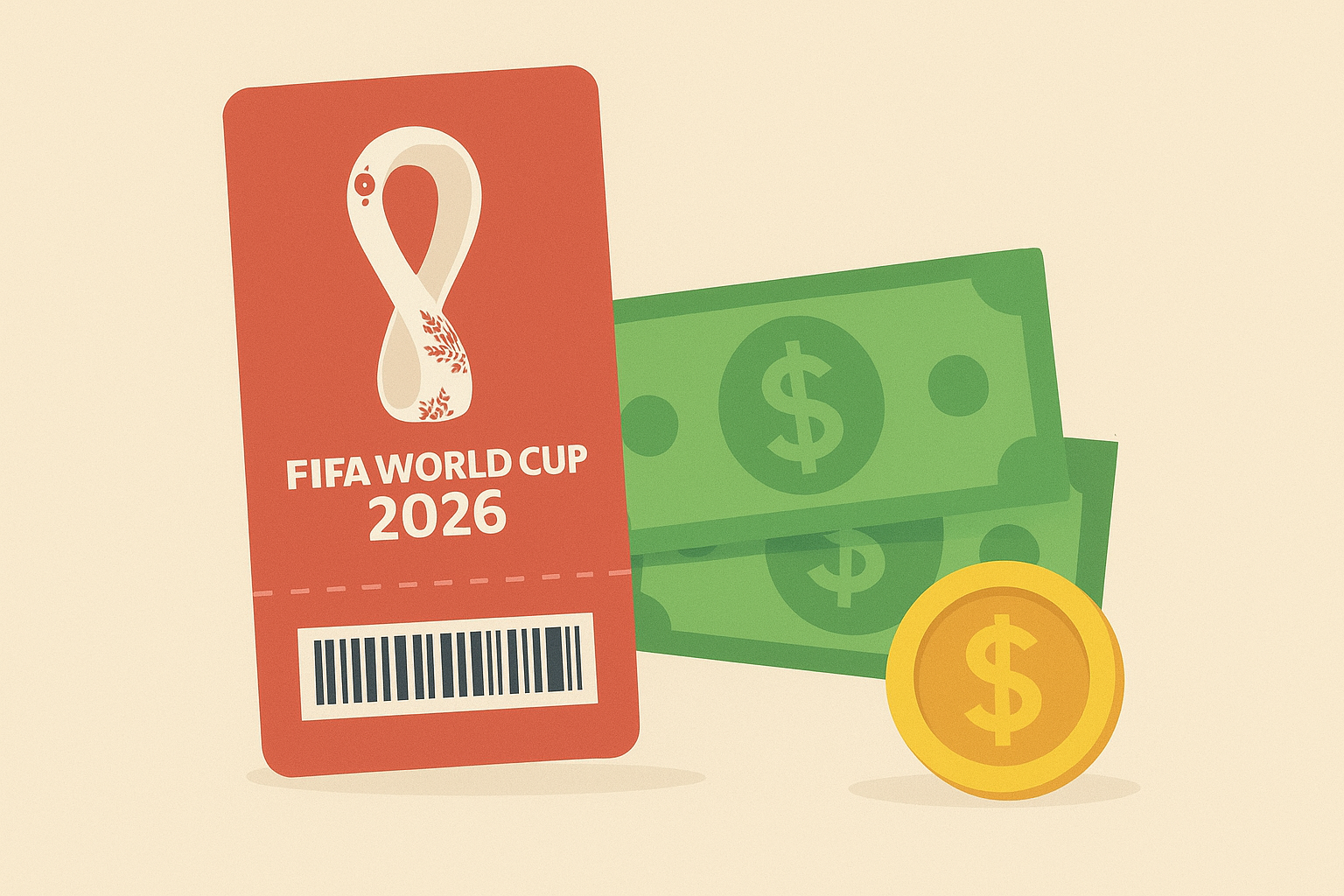 Ilustrasi tiket merah bertuliskan FIFA World Cup 2026 dengan simbol uang kertas hijau dan koin emas, melambangkan harga tiket turnamen.