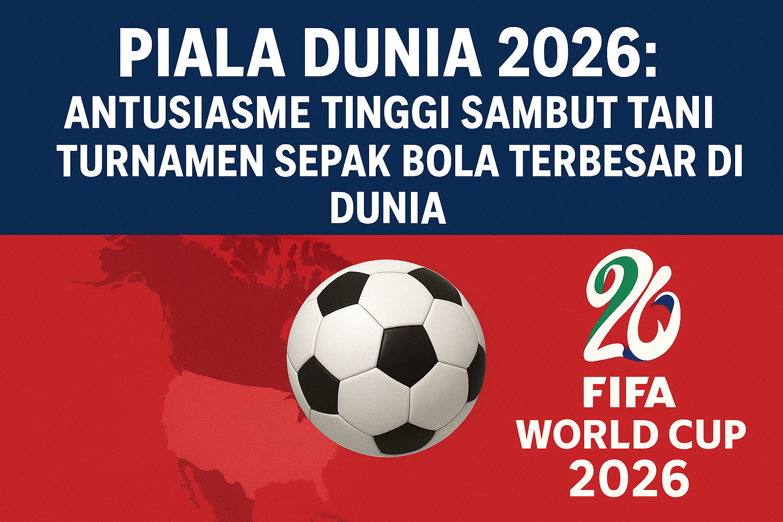 Ilustrasi Piala Dunia 2026 dengan bola sepak dan logo resmi turnamen di Amerika Serikat, Kanada, dan Meksiko.