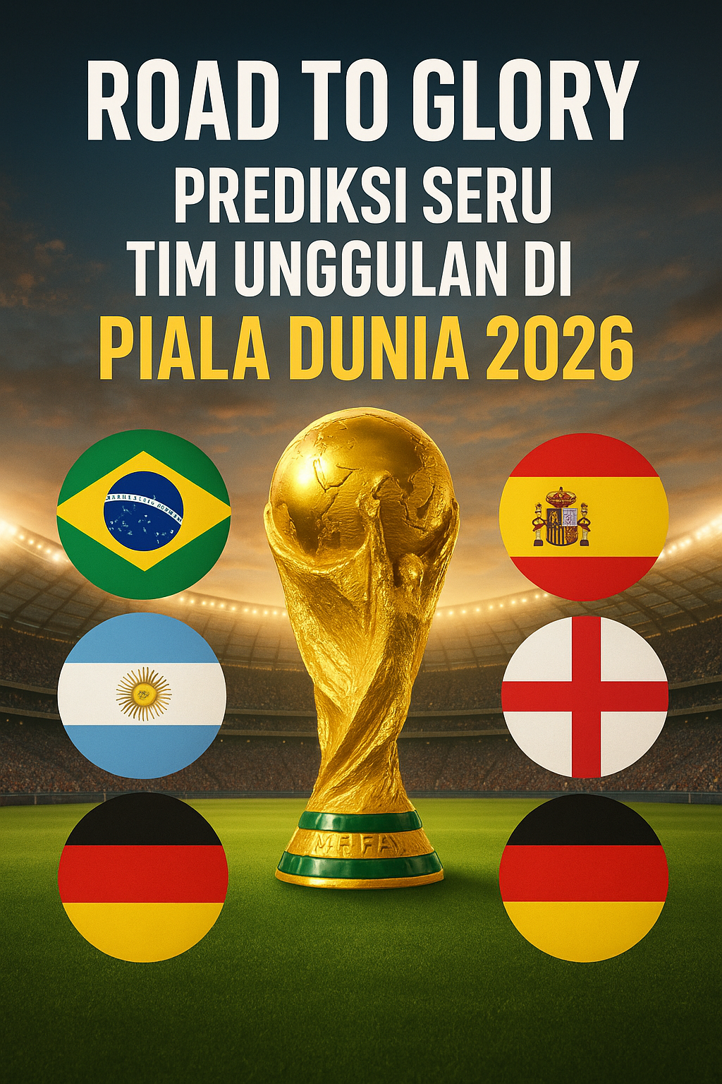 “Ilustrasi Piala Dunia 2026 dengan trofi emas FIFA di stadion, dikelilingi bendera Brasil, Argentina, Spanyol, Inggris, dan Jerman sebagai tim unggulan.”