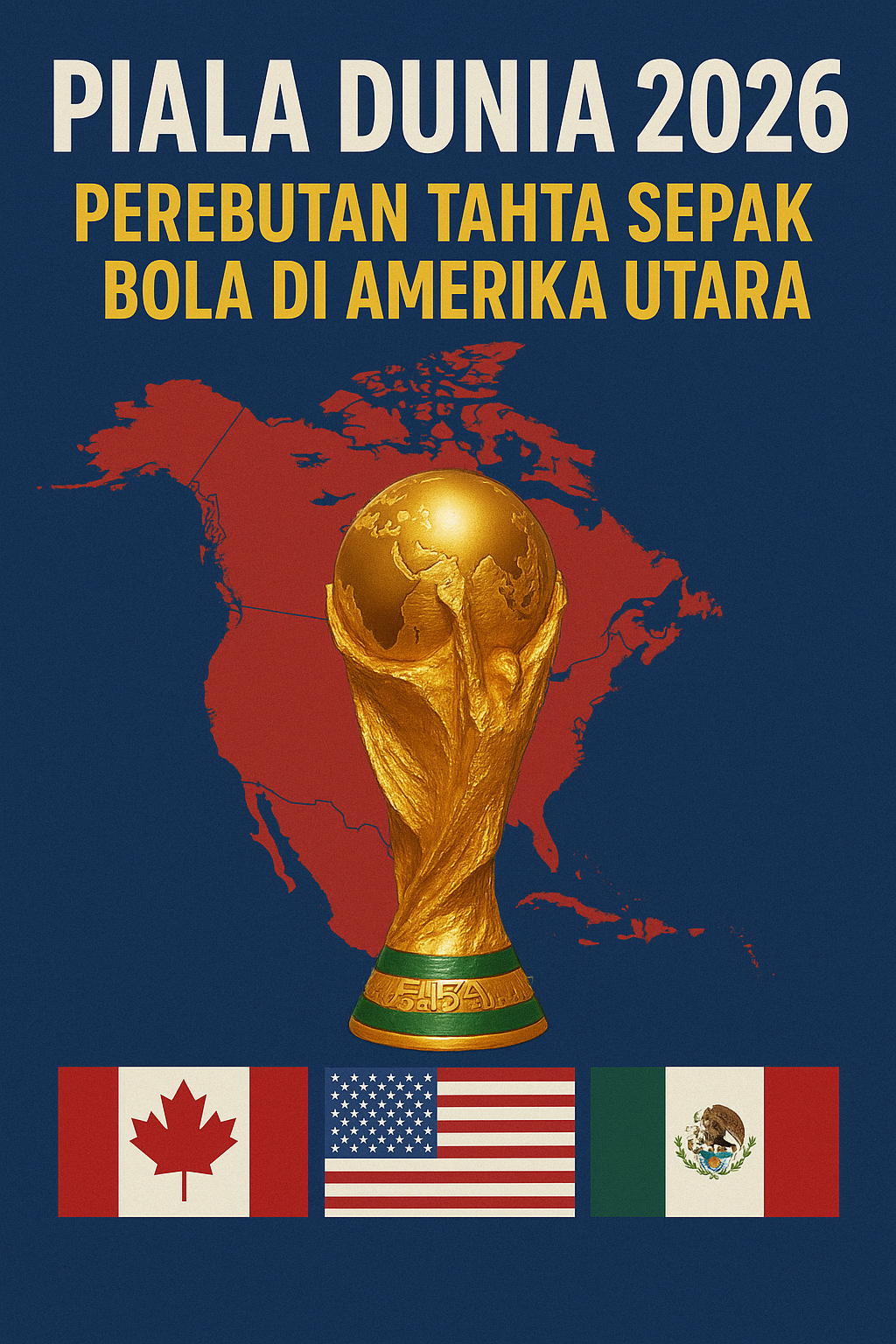 "Poster Piala Dunia 2026 dengan piala emas di depan peta Amerika Utara serta bendera Kanada, Amerika Serikat, dan Meksiko sebagai tuan rumah."
