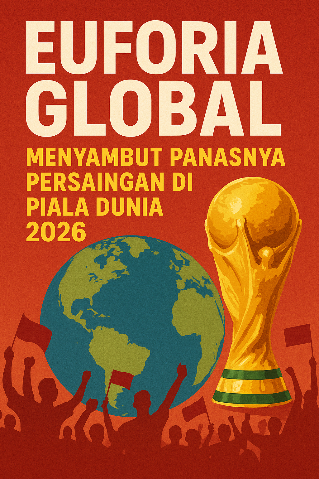 Poster digital bertema Piala Dunia 2026 menampilkan trofi emas FIFA, siluet suporter bersorak dengan bendera, serta tulisan “Euforia Global: Menyambut Panasnya Persaingan di Piala Dunia 2026”.