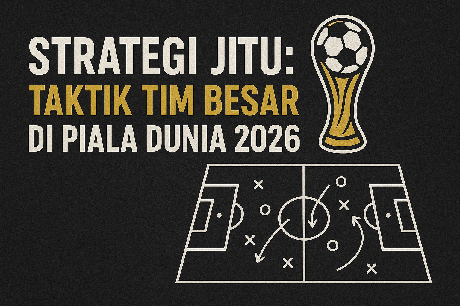 "Ilustrasi strategi sepak bola dengan taktik tim besar menghadapi Piala Dunia 2026, menampilkan formasi lapangan dan simbol piala dunia."