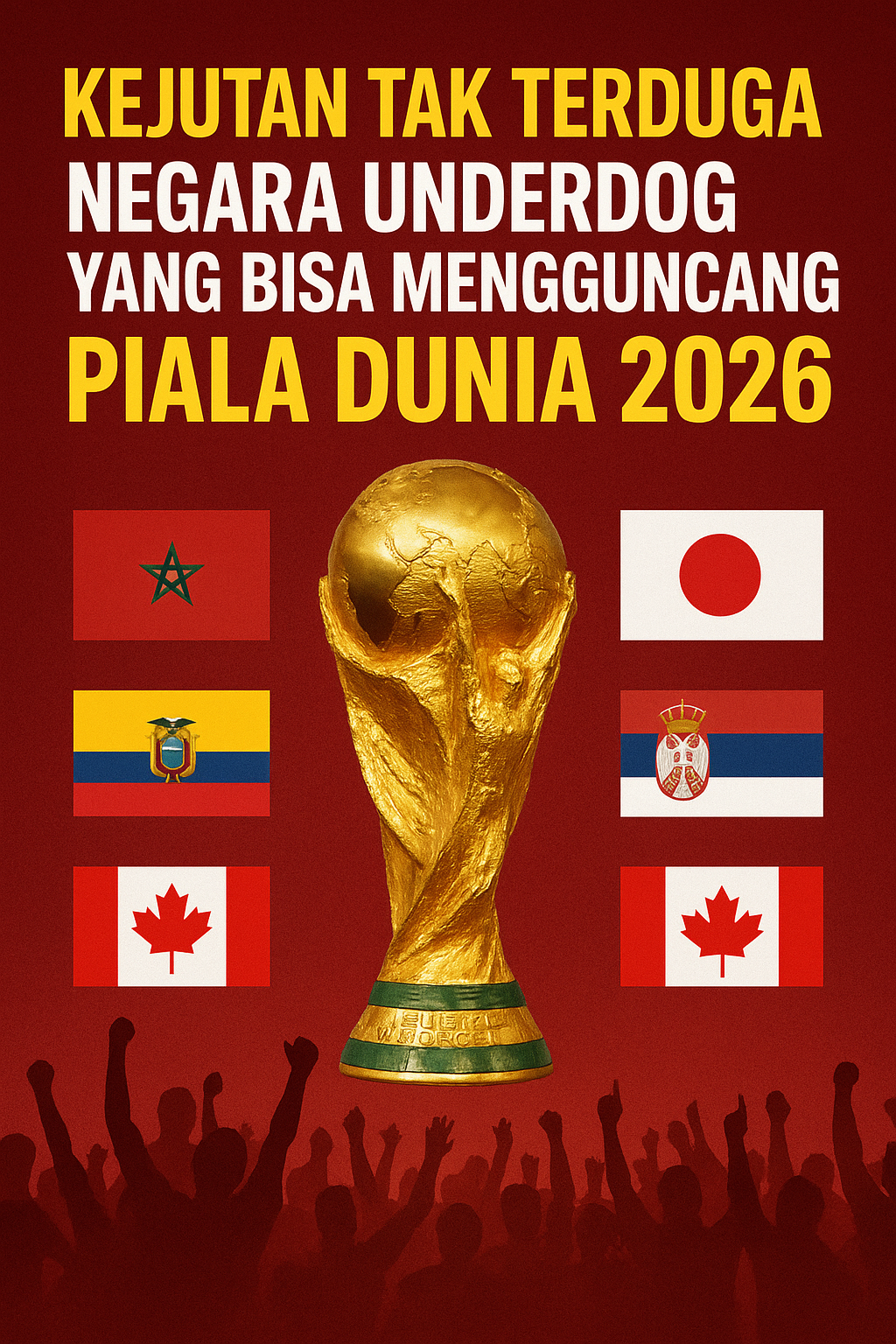 "Ilustrasi Piala Dunia 2026 dengan trofi emas dikelilingi bendera negara underdog seperti Maroko, Jepang, dan Ekuador yang diprediksi bisa membuat kejutan."