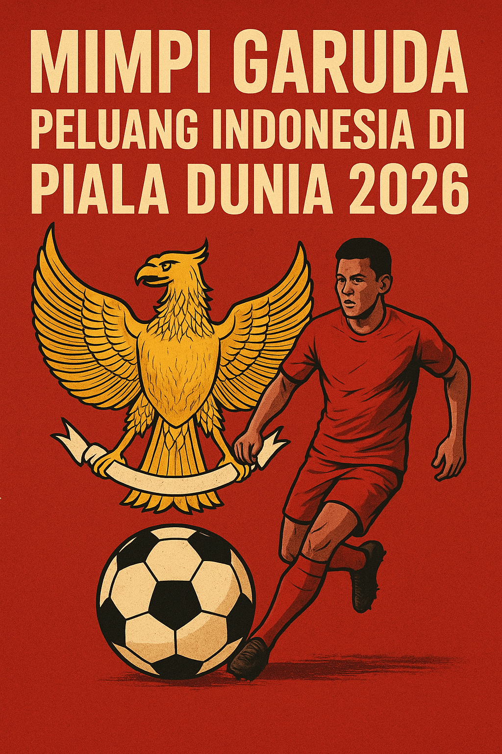 "Ilustrasi Garuda emas dan pemain sepak bola Indonesia dengan bola, menggambarkan peluang Indonesia di Piala Dunia 2026."