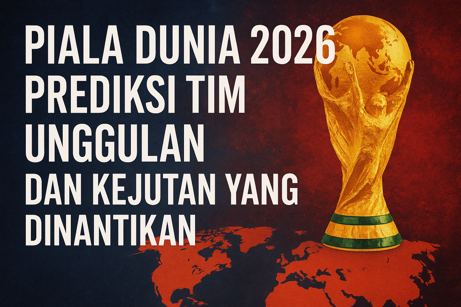 “Ilustrasi Piala Dunia 2026 dengan trofi emas FIFA dan prediksi tim unggulan serta kejutan yang dinantikan.”