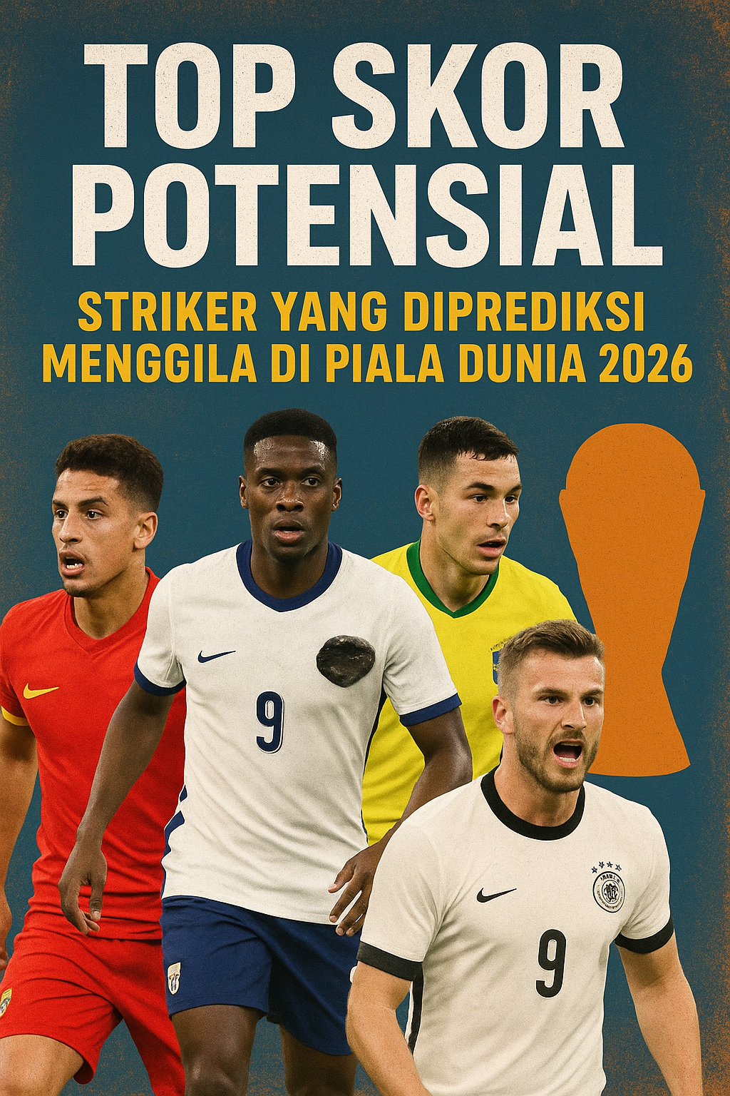 "Striker top Piala Dunia 2026 sedang mengeksekusi tendangan keras ke gawang lawan."