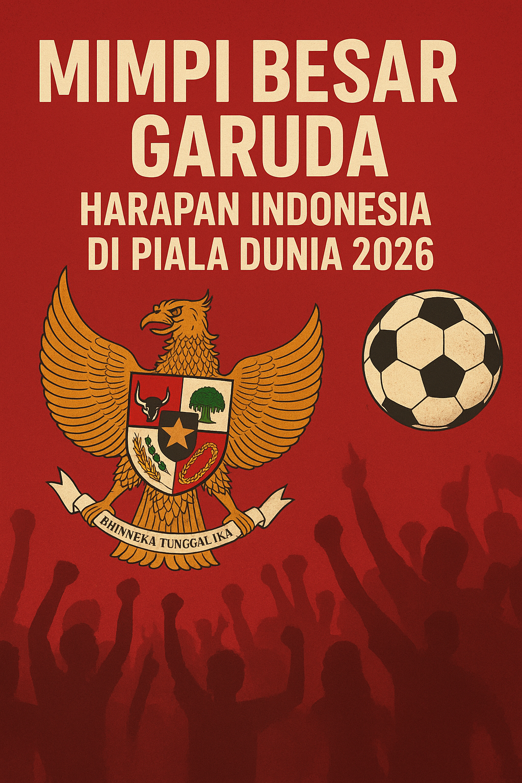 "Ilustrasi Garuda Pancasila dengan latar merah, bola sepak, dan suporter Indonesia yang mendukung Timnas menuju Piala Dunia 2026."