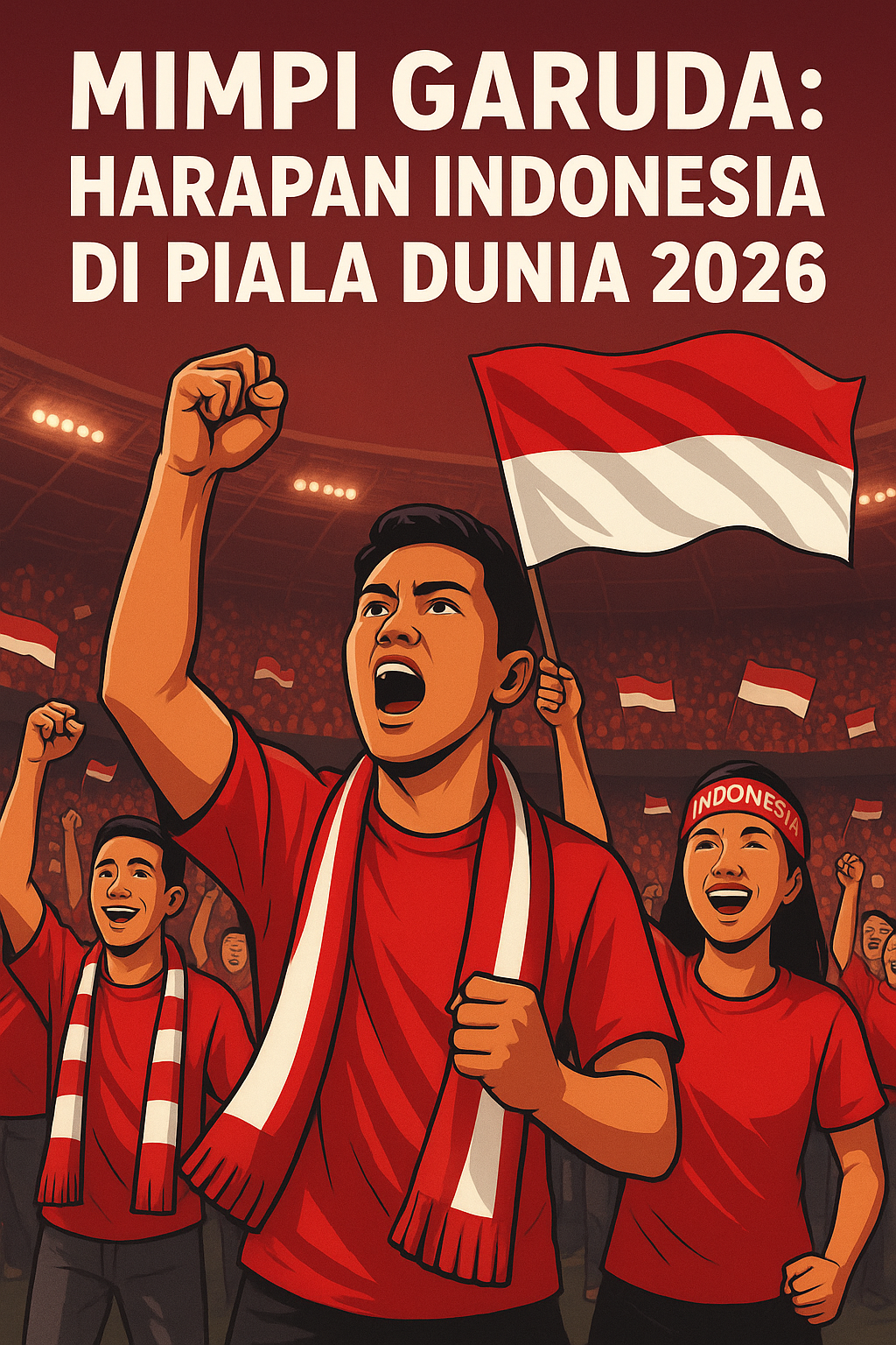 "Suporter Indonesia mengenakan atribut merah putih sambil mengibarkan bendera di stadion, mencerminkan semangat Garuda menyambut Piala Dunia 2026."