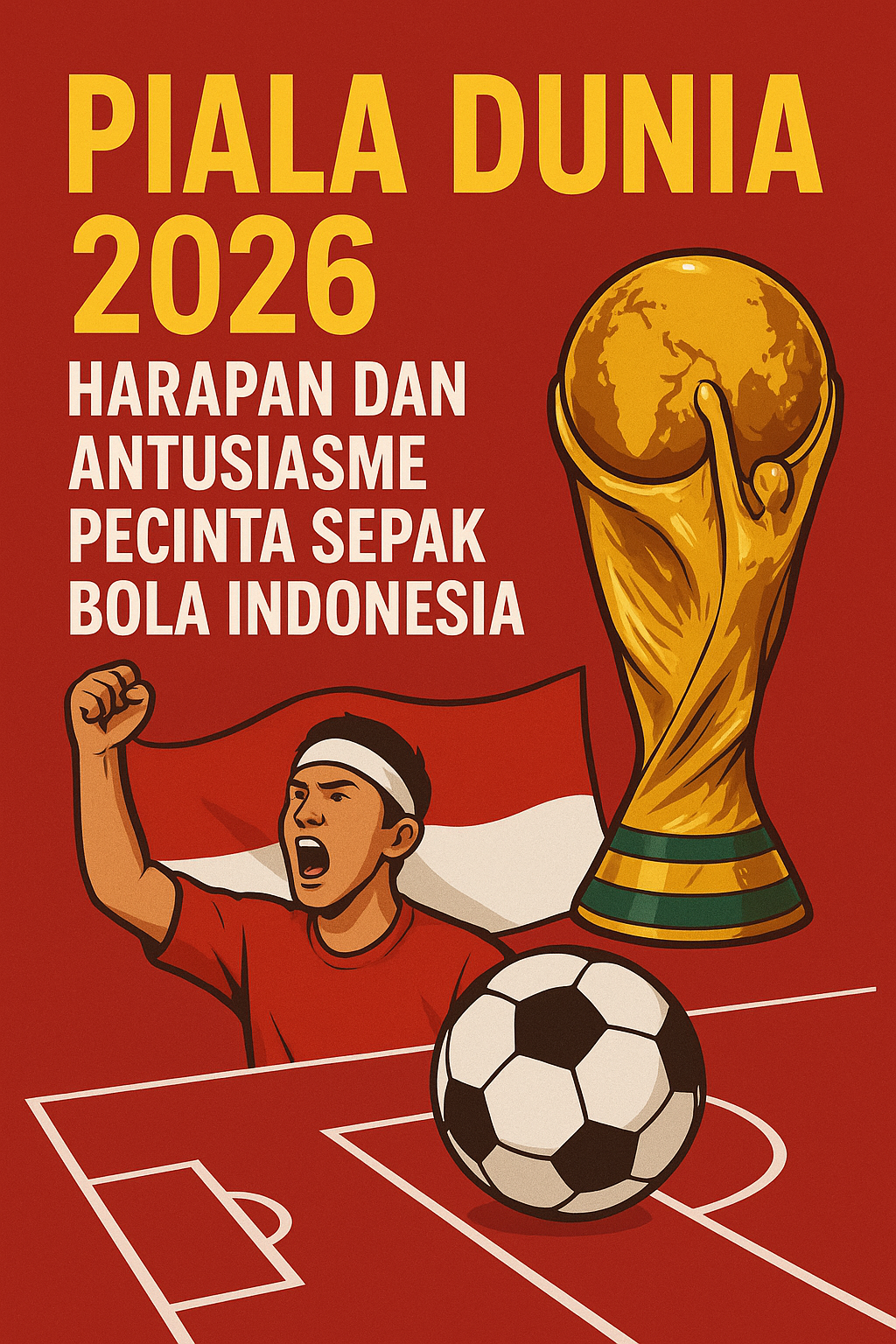 "Ilustrasi Piala Dunia 2026 dengan trofi emas, suporter Indonesia bersorak dengan bendera Merah Putih, dan bola sepak di lapangan."