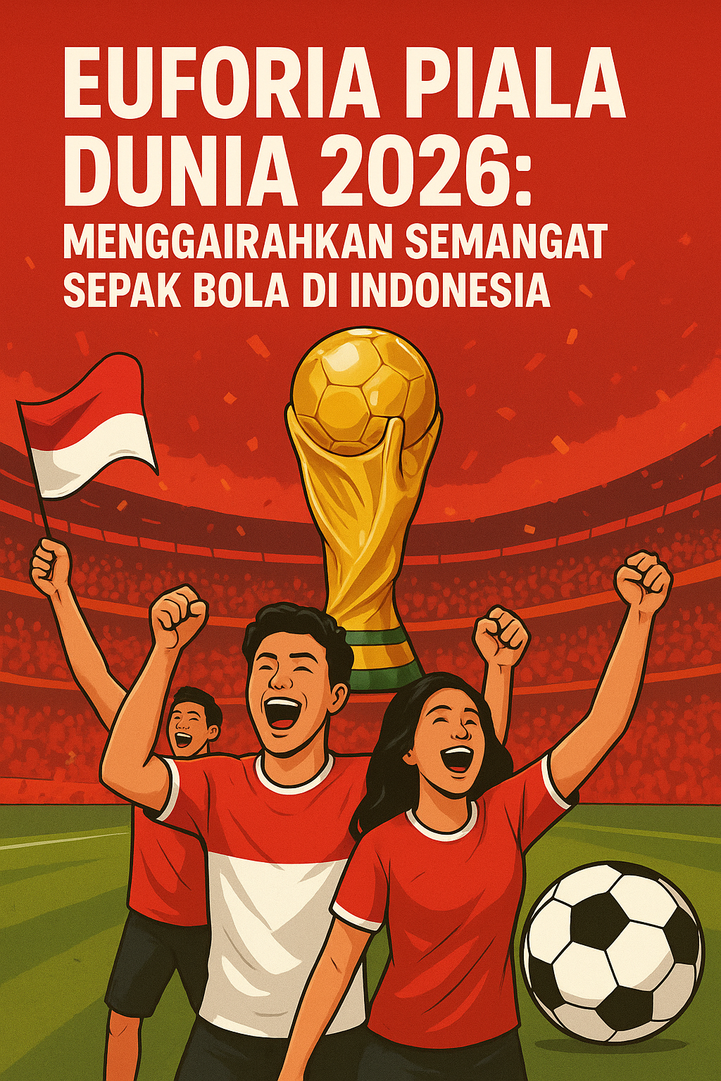 "Ilustrasi suporter Indonesia bersorak dengan bendera Merah Putih di stadion, bola sepak, dan trofi emas Piala Dunia 2026 sebagai simbol euforia sepak bola."