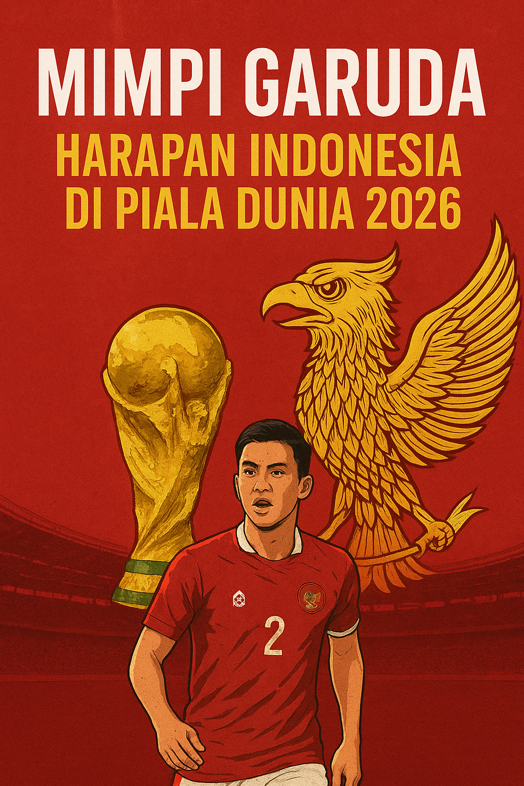 “Ilustrasi timnas Indonesia dengan simbol Garuda, trofi Piala Dunia, dan pemain sepak bola mengenakan jersey merah, menggambarkan harapan Indonesia di Piala Dunia 2026.”