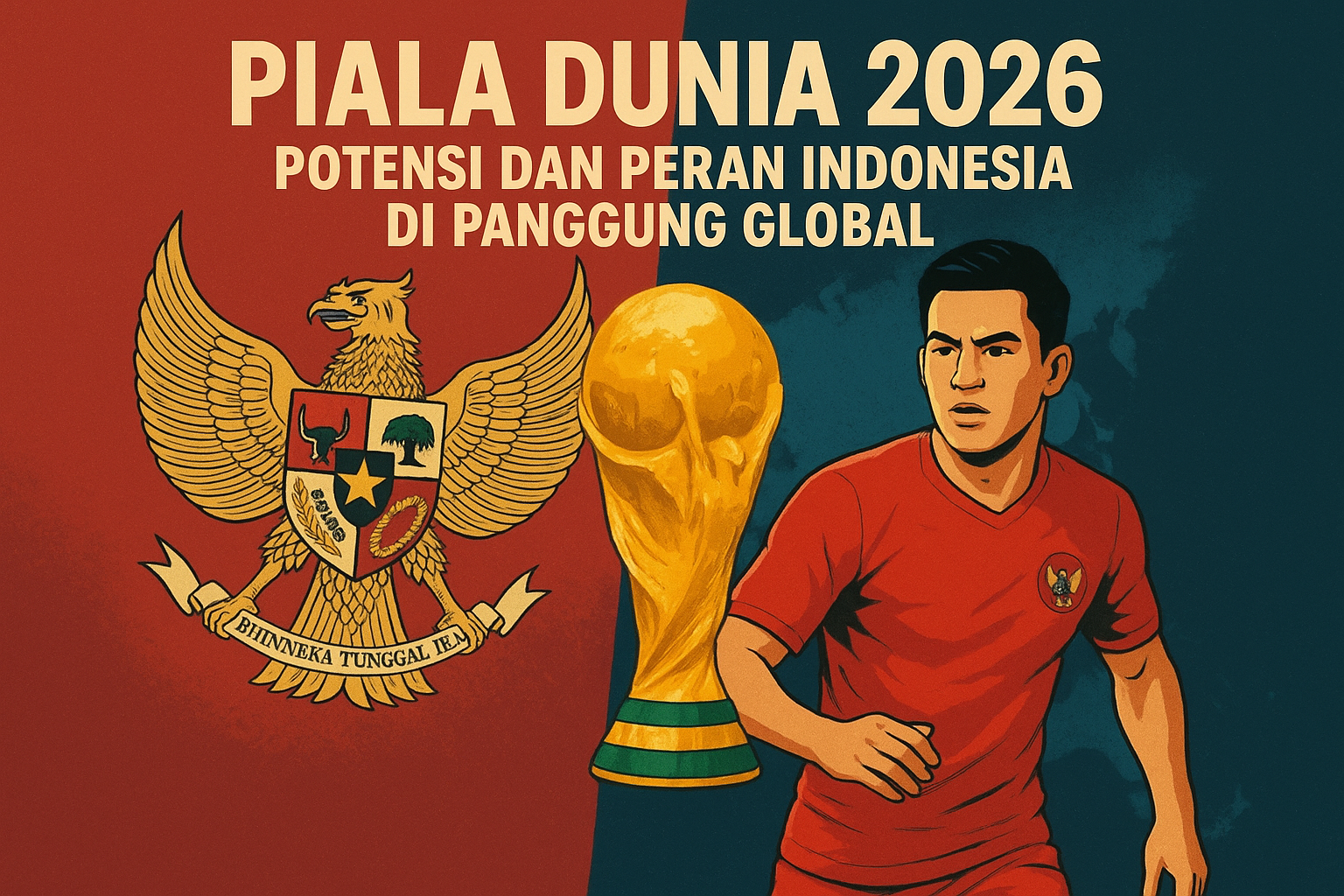 “Desain grafis Piala Dunia 2026 menampilkan Garuda Pancasila, trofi Piala Dunia, dan pemain timnas Indonesia, menggambarkan potensi serta peran Indonesia di panggung global.”