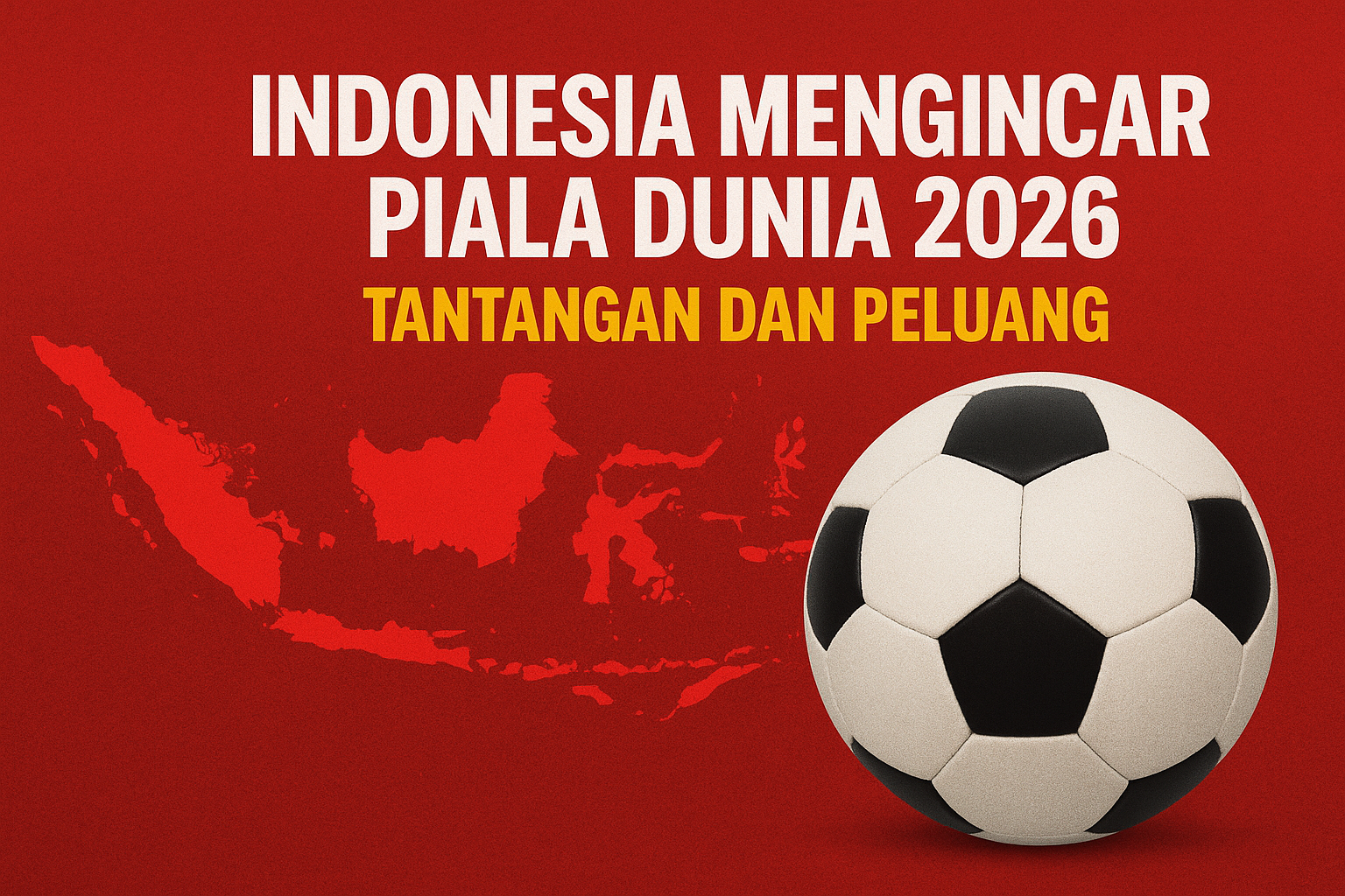 “Desain grafis peta Indonesia berwarna merah dengan bola sepak dan tulisan Indonesia Mengincar Piala Dunia 2026: Tantangan dan Peluang.”