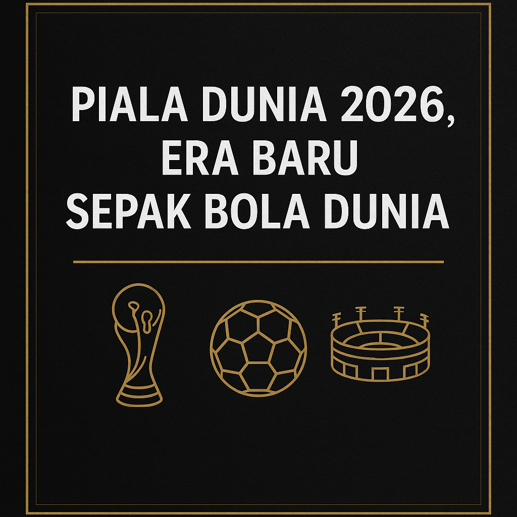 Poster elegan hitam emas dengan tulisan Piala Dunia 2026, Era Baru Sepak Bola Dunia, disertai ikon trofi, bola, dan stadion.