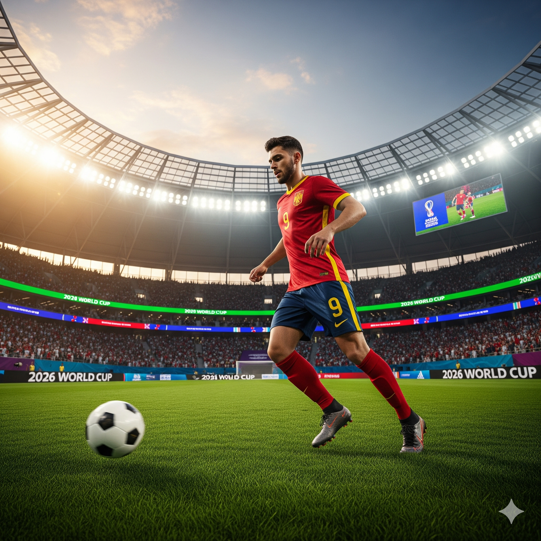 Striker muda berbakat sedang mencetak gol spektakuler di Piala Dunia 2026.
