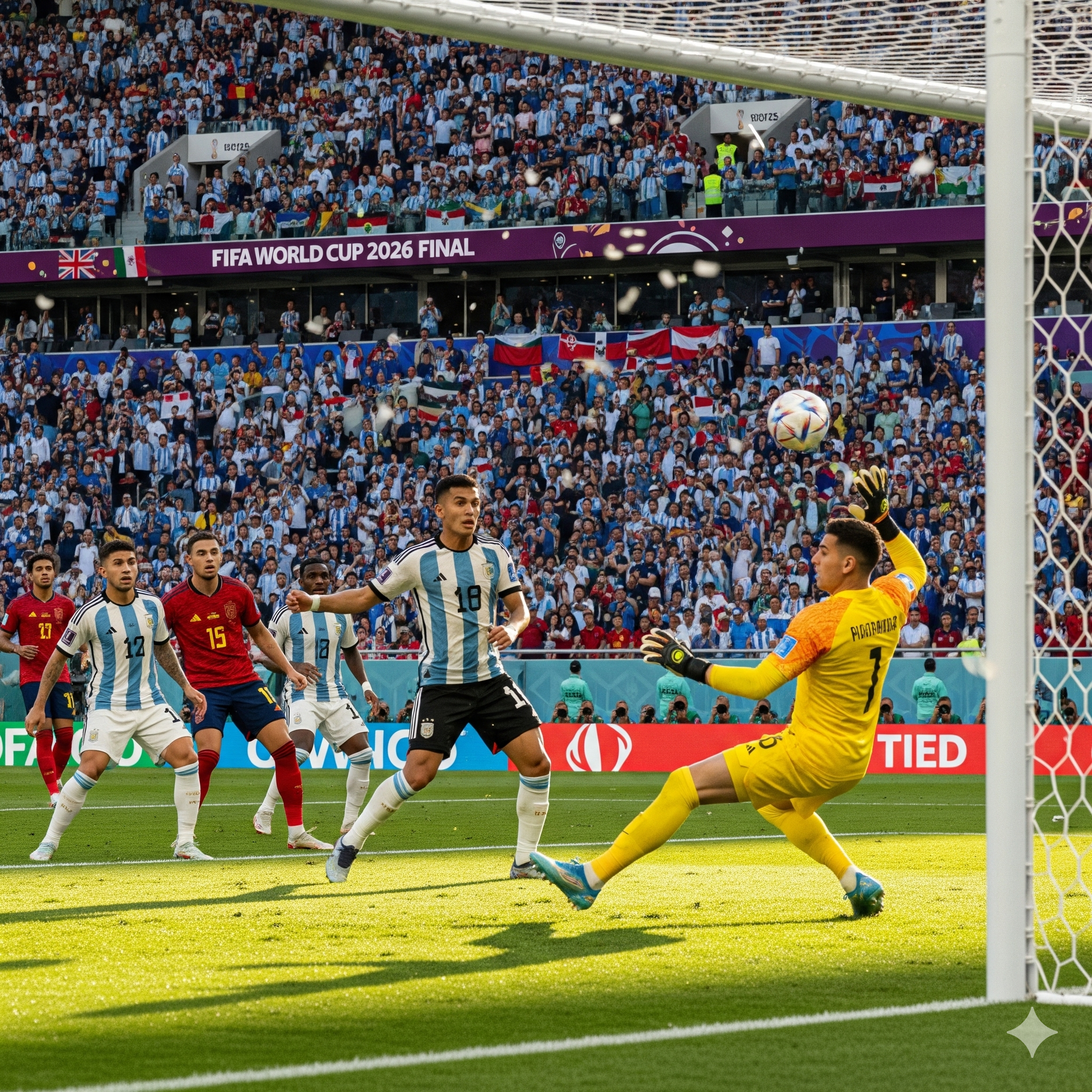 Pemain sepak bola mencetak gol penentu dalam pertandingan final Piala Dunia 2026."