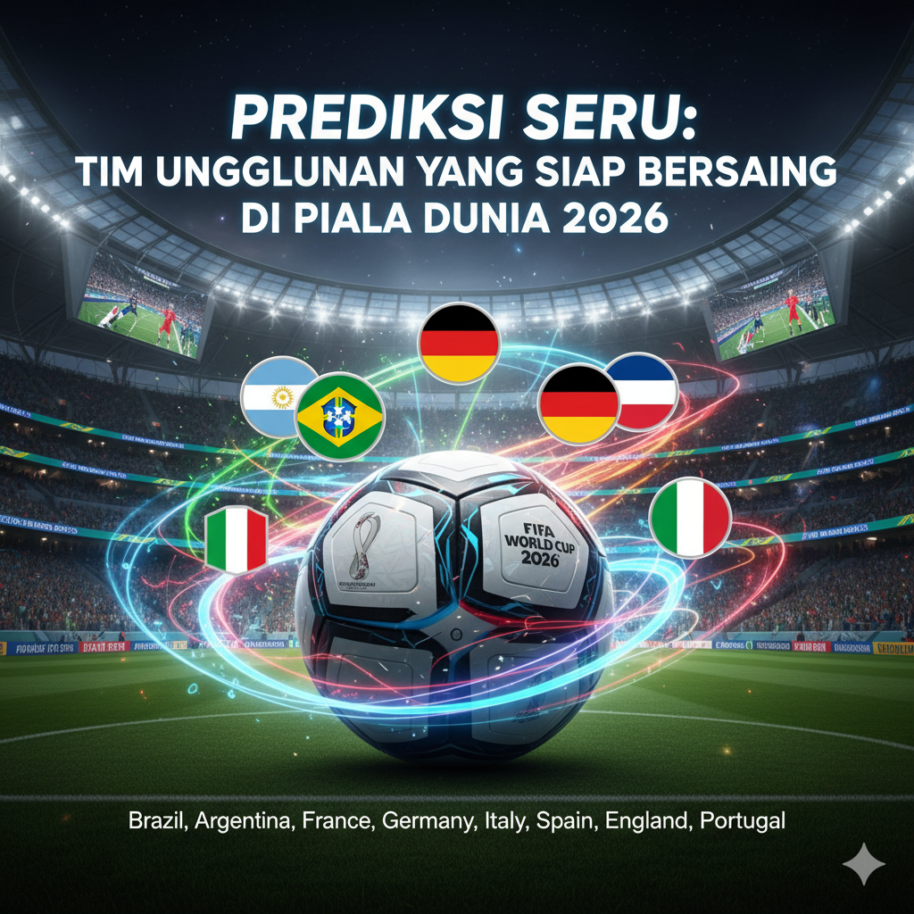 Ilustrasi tim unggulan Piala Dunia 2026 seperti Brasil, Argentina, Prancis, dan Inggris yang siap bersaing di turnamen sepak bola terbesar dunia