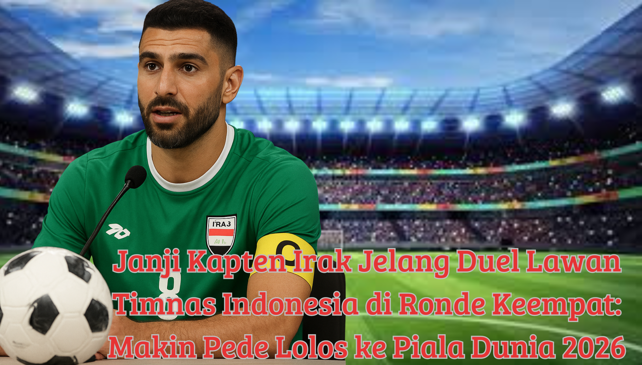 Kapten timnas Irak mengenakan jersey hijau dengan ban kapten kuning berbicara di konferensi pers jelang laga melawan timnas Indonesia di kualifikasi Piala Dunia 2026.