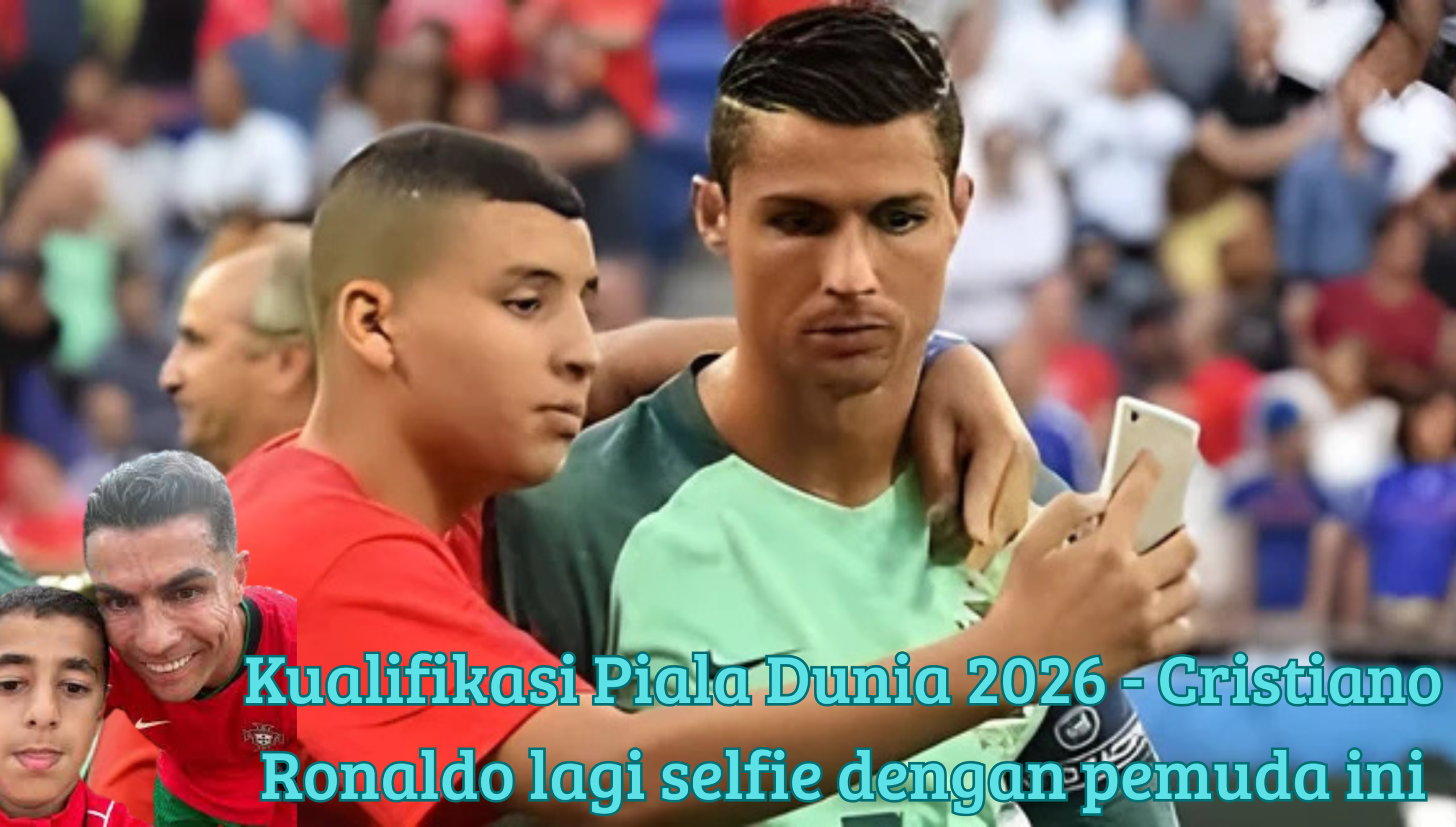 Cristiano Ronaldo sedang berfoto selfie bersama seorang pemuda di stadion saat kualifikasi Piala Dunia 2026.