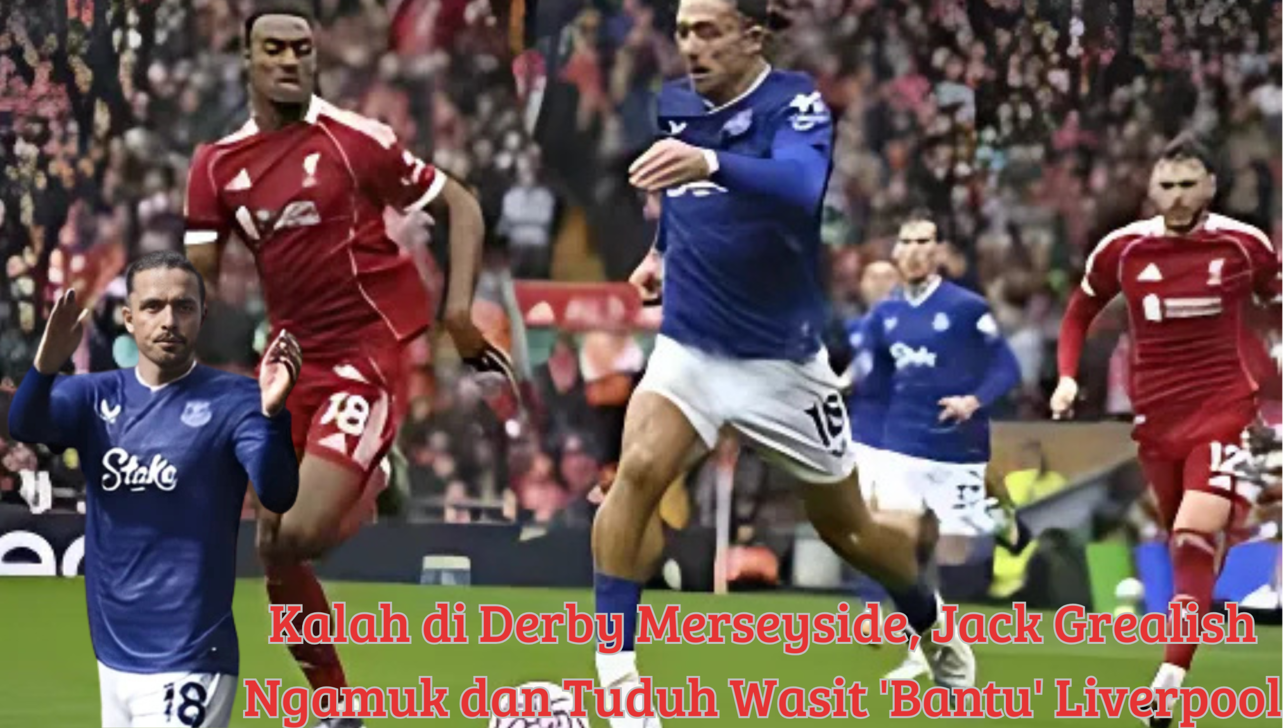 Pemain Everton dan Liverpool berebut bola dalam pertandingan Derby Merseyside.